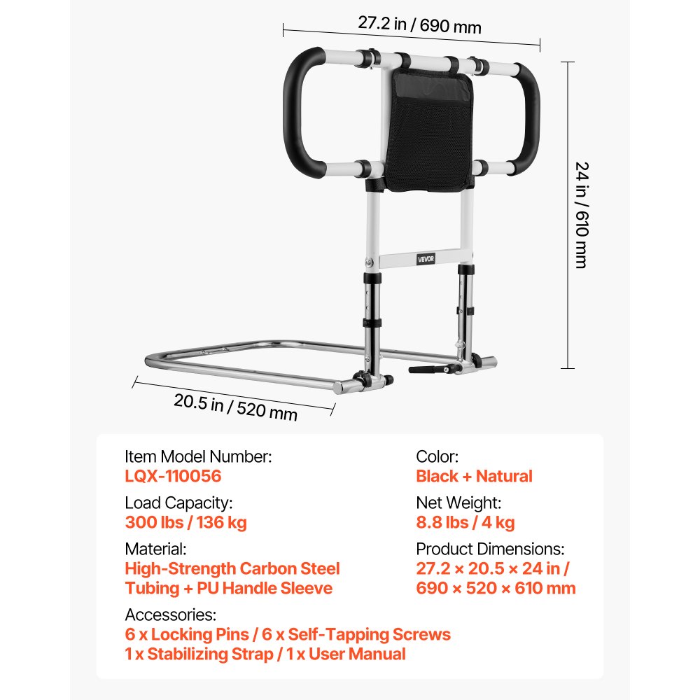 VEVOR Bed Rail for Elderly, Foldable & Extendable Bedside Assist Rail with Side Handles & PU Handrail, Adjustable Height Carbon Steel Pipe Bedside Cane, Senior Bed Bar Fits King, Queen, Full, Twin