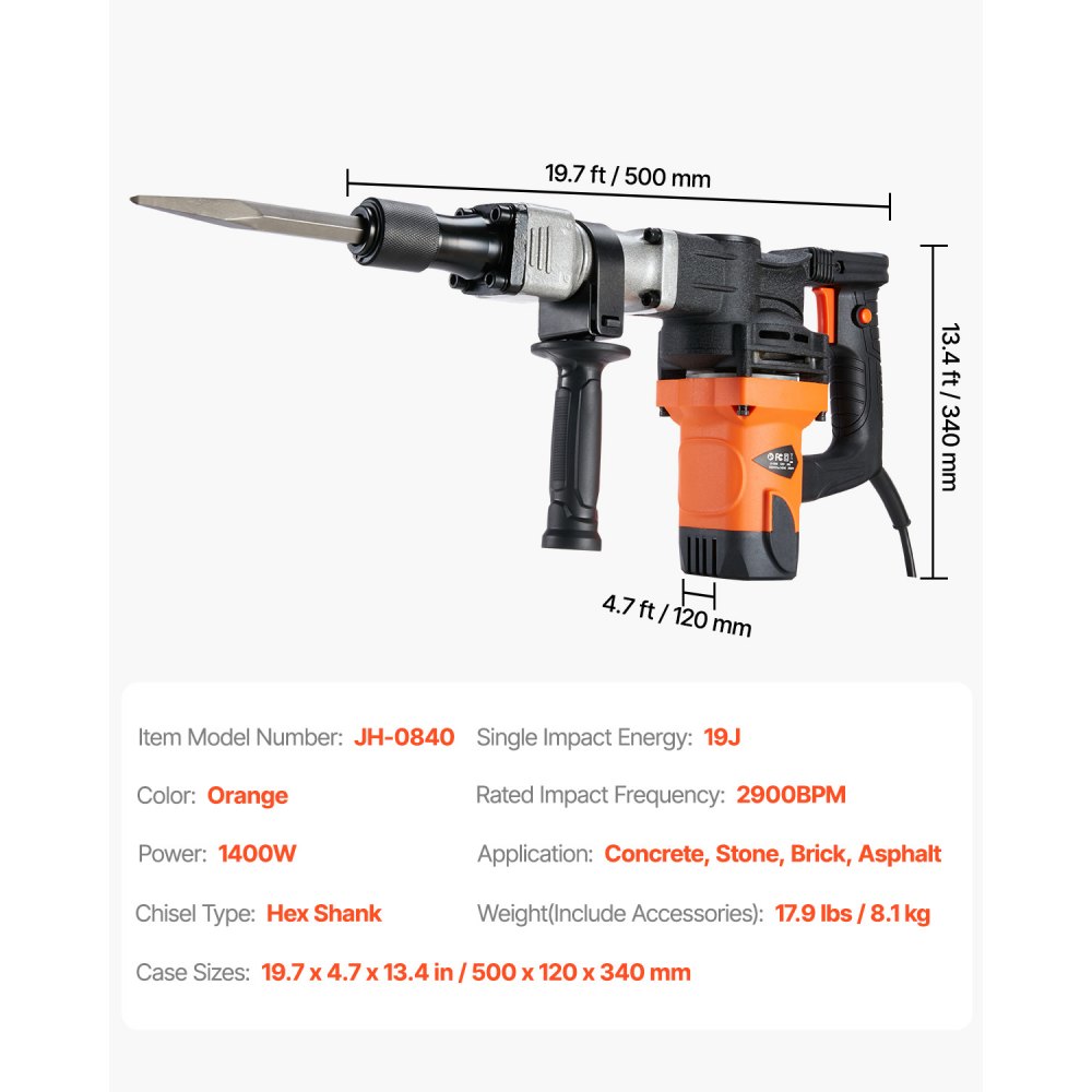 VEVOR Hochleistungs-Betonbrecher Abbruchhammer 1400 W, 19 J Schlagkraft Elektroabbruchhammer, Bohrhammer Betonhammer Stemmhammer 2900 BPM, inkl. Spitzmeißel, Flachmeißel, für Schiefer, Beton usw.
