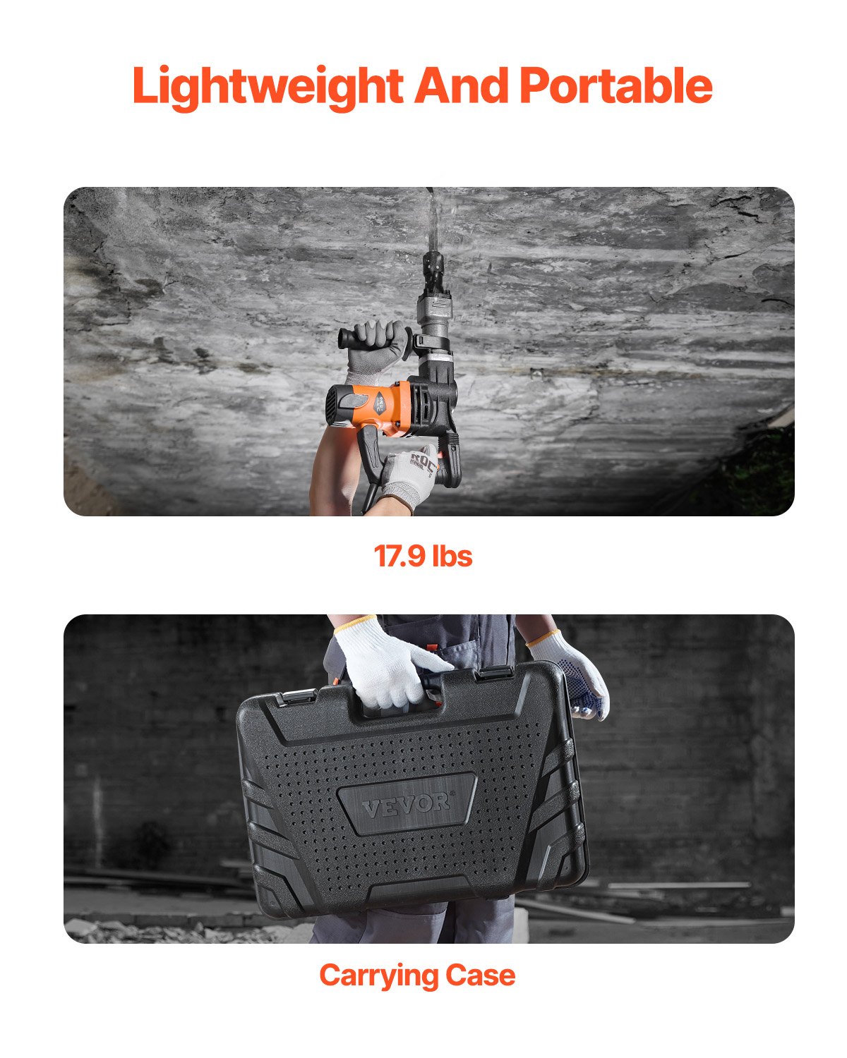 VEVOR Hochleistungs-Betonbrecher Abbruchhammer 1400 W, 19 J Schlagkraft Elektroabbruchhammer, Bohrhammer Betonhammer Stemmhammer 2900 BPM, inkl. Spitzmeißel, Flachmeißel, für Schiefer, Beton usw.