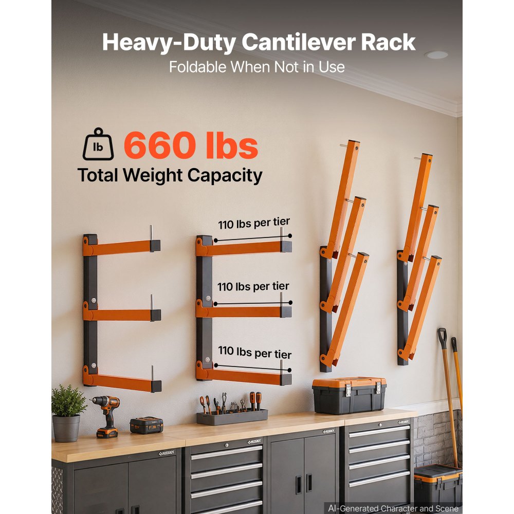 VEVOR Lumber Rack, 3-Tier 4-Pack 50 kg per Tier, Foldable Wood Storage, Wall-mounted for Garages, Workshops, Warehouse, Basement, Heavy-Duty Cantilever Arms, Locking Pins, Steel, Orange & Black