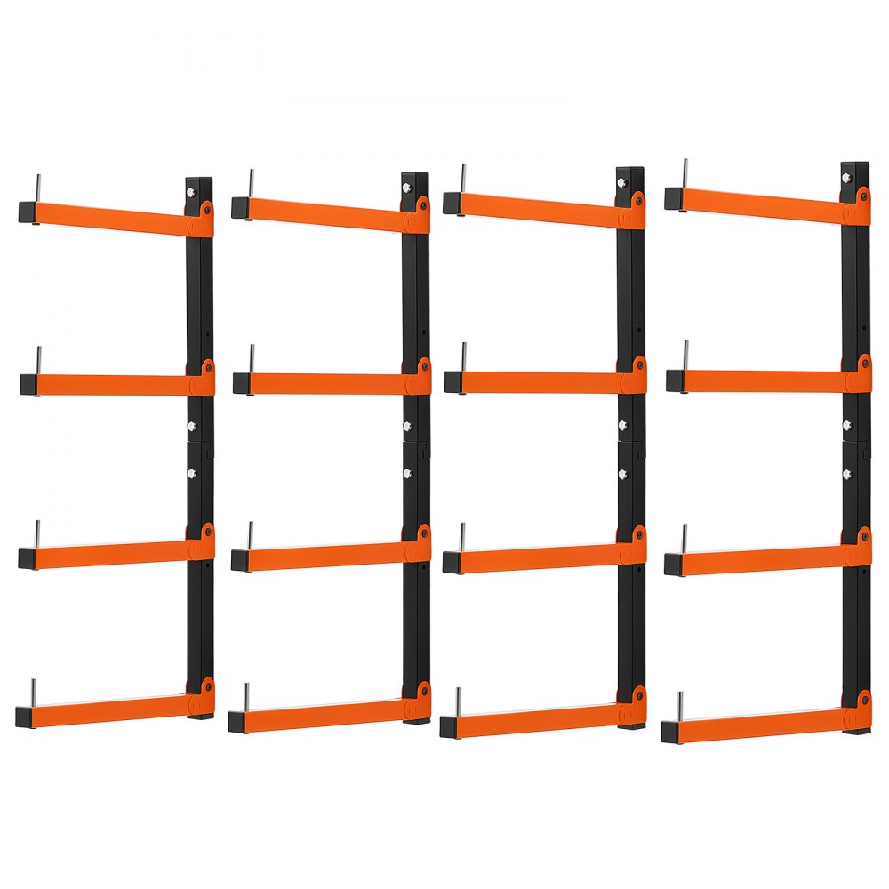 VEVOR Lumber Rack, 4-Tier 4-Pack 50 kg per Tier, Foldable Wood Storage, Wall-mounted for Garages, Workshops, Warehouse, Heavy-Duty Cantilever Arms, 3-Level Adjustment, Steel, Orange & Black