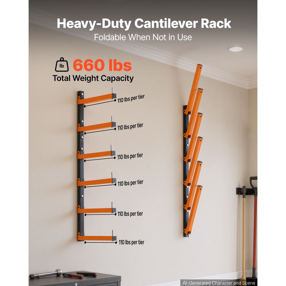 VEVOR Lumber Rack, 6-Tier 2-Pack 50 kg per Tier, Foldable Wood Storage, Wall-mounted for Garages, Workshops, Warehouse, Basement, Heavy-Duty Cantilever Arms, Locking Pins, Steel, Orange & Black