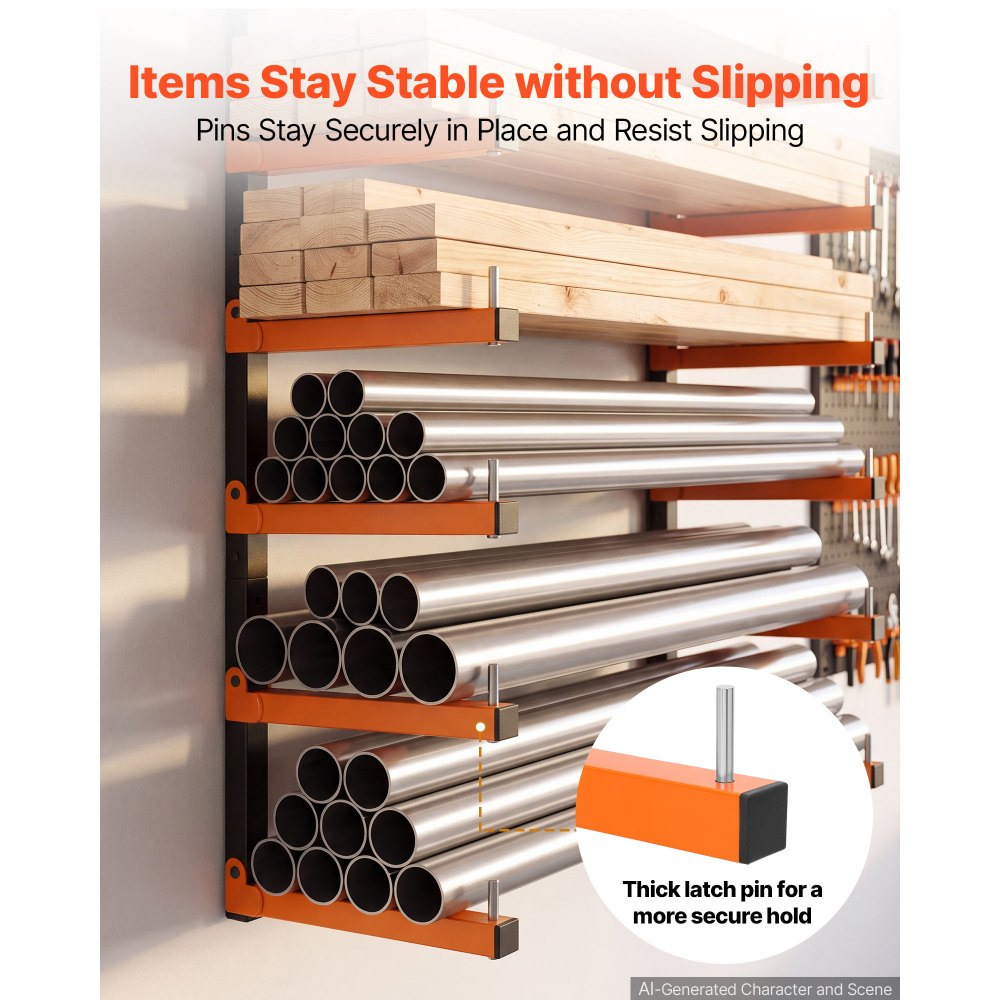VEVOR Lumber Rack, 6-Tier 2-Pack 50 kg per Tier, Foldable Wood Storage, Wall-mounted for Garages, Workshops, Warehouse, Basement, Heavy-Duty Cantilever Arms, Locking Pins, Steel, Orange & Black