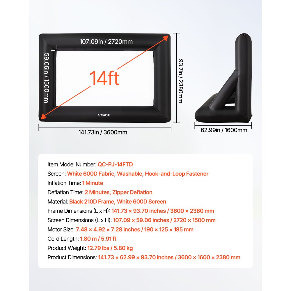 VEVOR aufblasbare Filmleinwand Projektion Beamer Leinwand aus 600D, Projektionsleinwand mit tragbarer Aufbewahrungstasche, 16:9, Filmprojektion für Heimkino Mottoparty Poolspaß (378 x 160 x 317 cm)