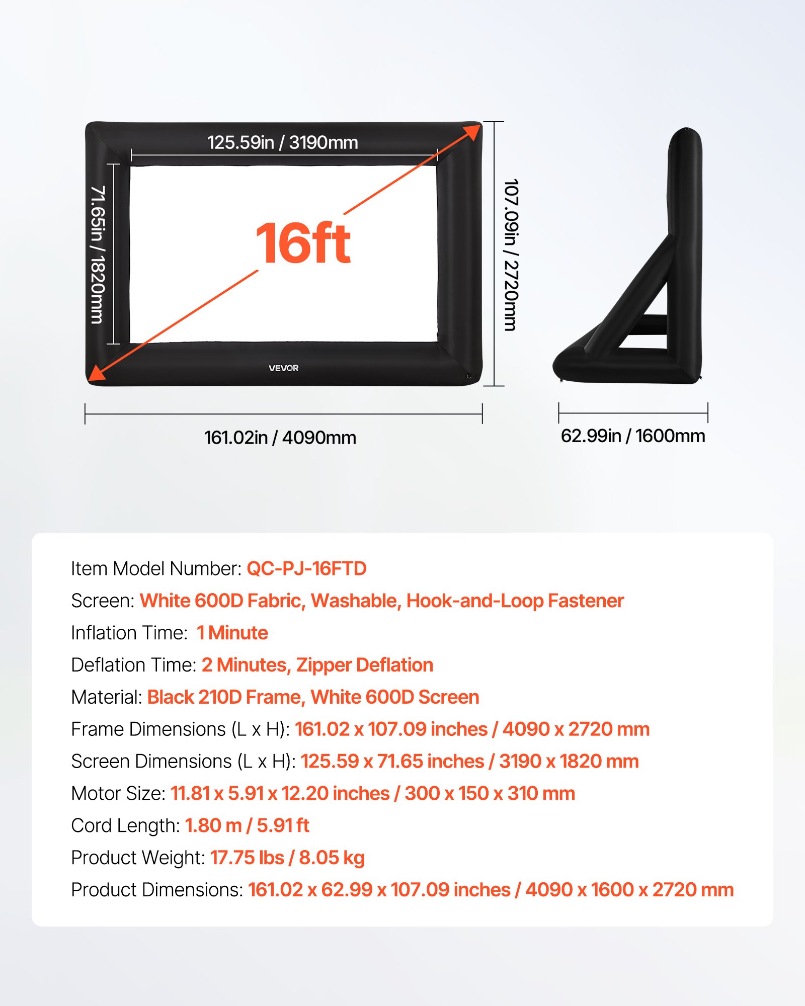 VEVOR aufblasbare Filmleinwand Projektion Beamer Leinwand aus 600D, Projektionsleinwand mit tragbarer Aufbewahrungstasche, 16:9, Filmprojektion für Heimkino Mottoparty Poolspaß (409 x 160 x 272 cm)