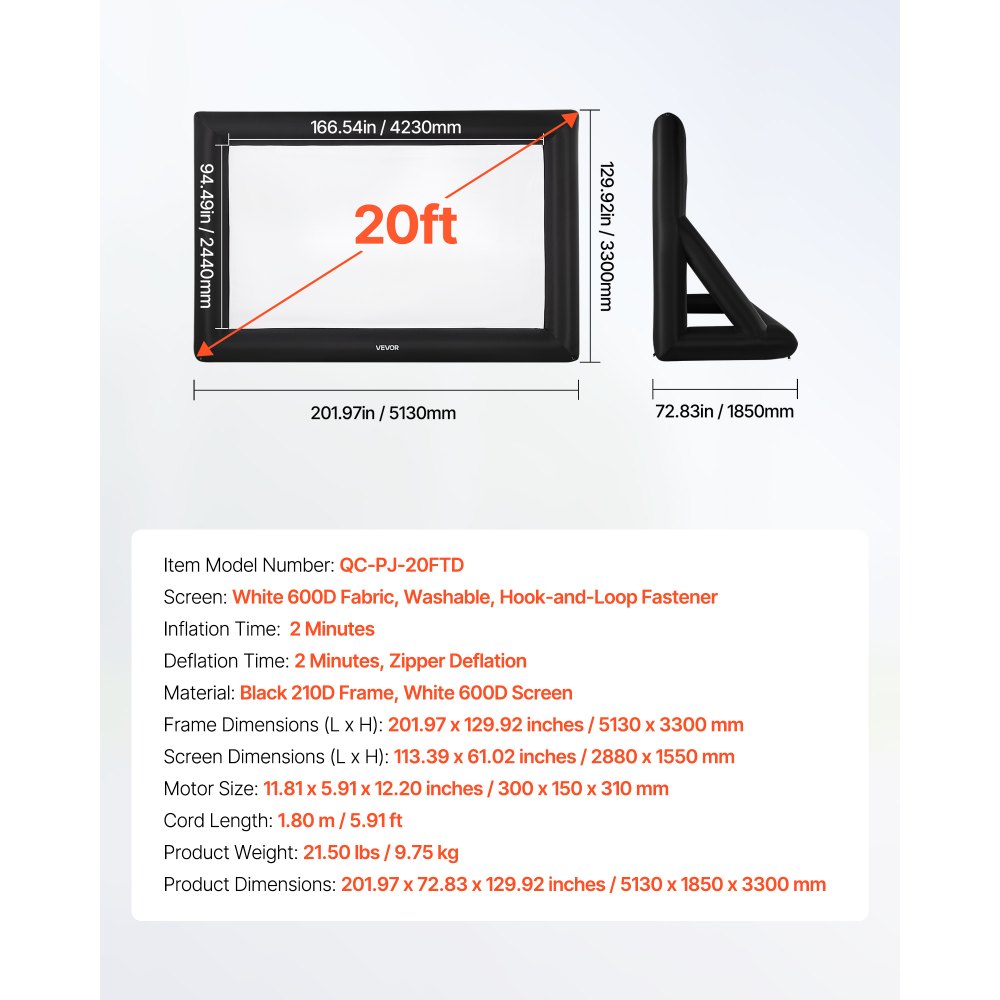 VEVOR aufblasbare Filmleinwand Projektion Beamer Leinwand aus 600D, Projektionsleinwand mit tragbarer Aufbewahrungstasche, 16:9, Filmprojektion für Heimkino Mottoparty Poolspaß (513 x 185 x 330 cm)