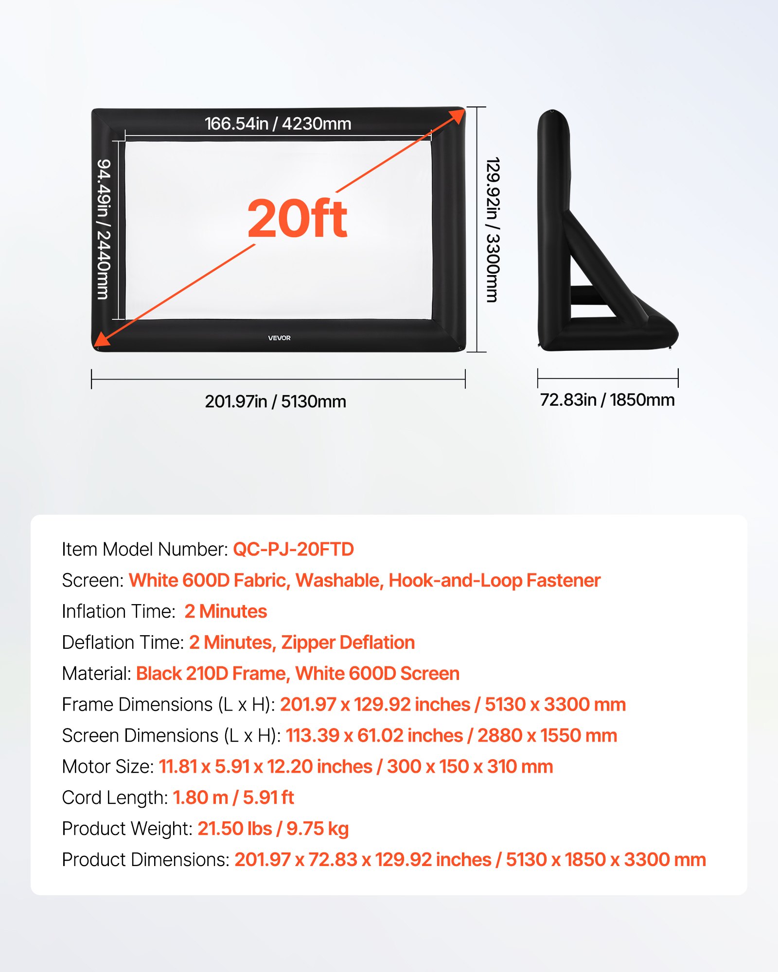 VEVOR aufblasbare Filmleinwand Projektion Beamer Leinwand aus 600D, Projektionsleinwand mit tragbarer Aufbewahrungstasche, 16:9, Filmprojektion für Heimkino Mottoparty Poolspaß (513 x 185 x 330 cm)
