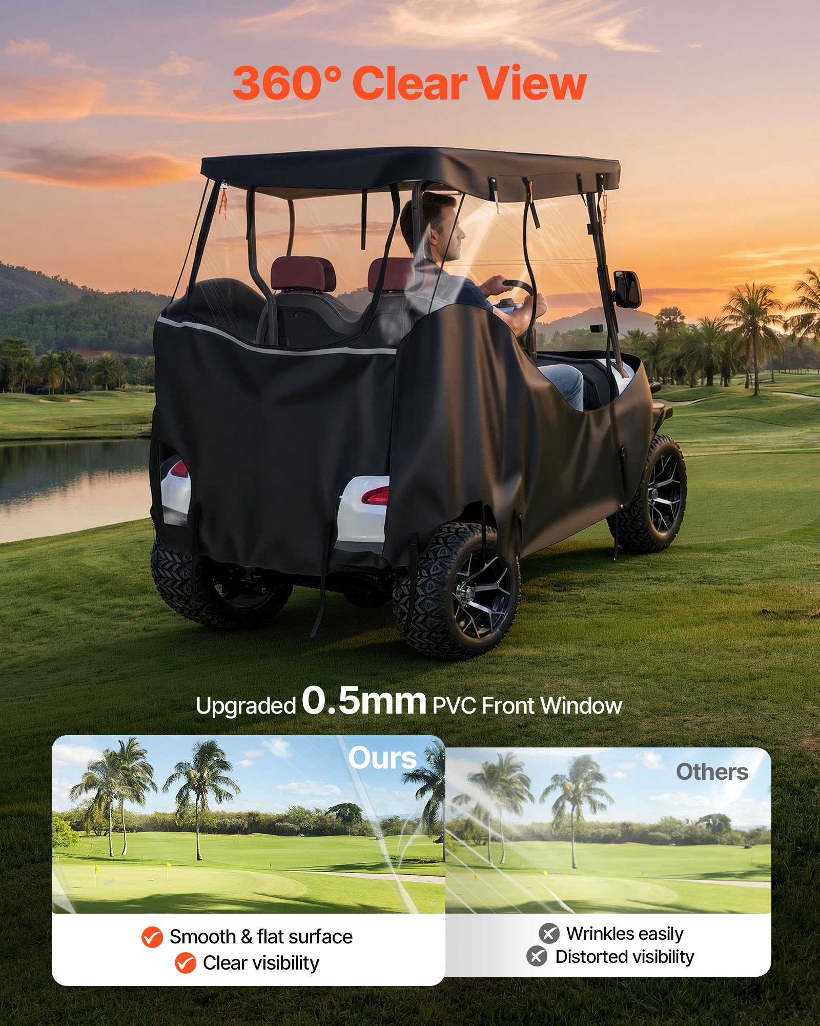 VEVOR Golfwagenabdeckung Sichtbar für 2-Sitzer-Golfwagen (die Meisten Golfcart von Club Car, Yamaha, EZGO & Honda), Regenabdeckung aus 600D-Oxford-Gewebe, mit PU-Beschichtung & Winddichtem Hakensystem