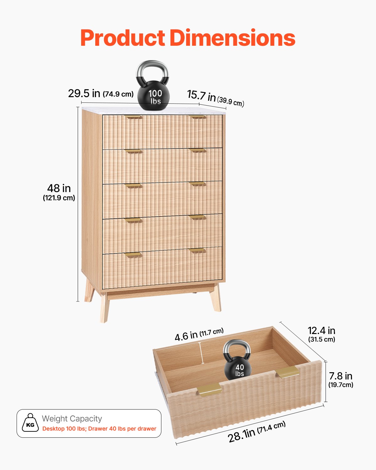 VEVOR Kommode mit 5 geriffelten Schubladen, Holzkommode mit Schiebe- und Kippschutz, moderner minimalistischer Retro-Schubladenschrank Organizer für Wohnzimmer Schlafzimmer Flur (helles Holz)