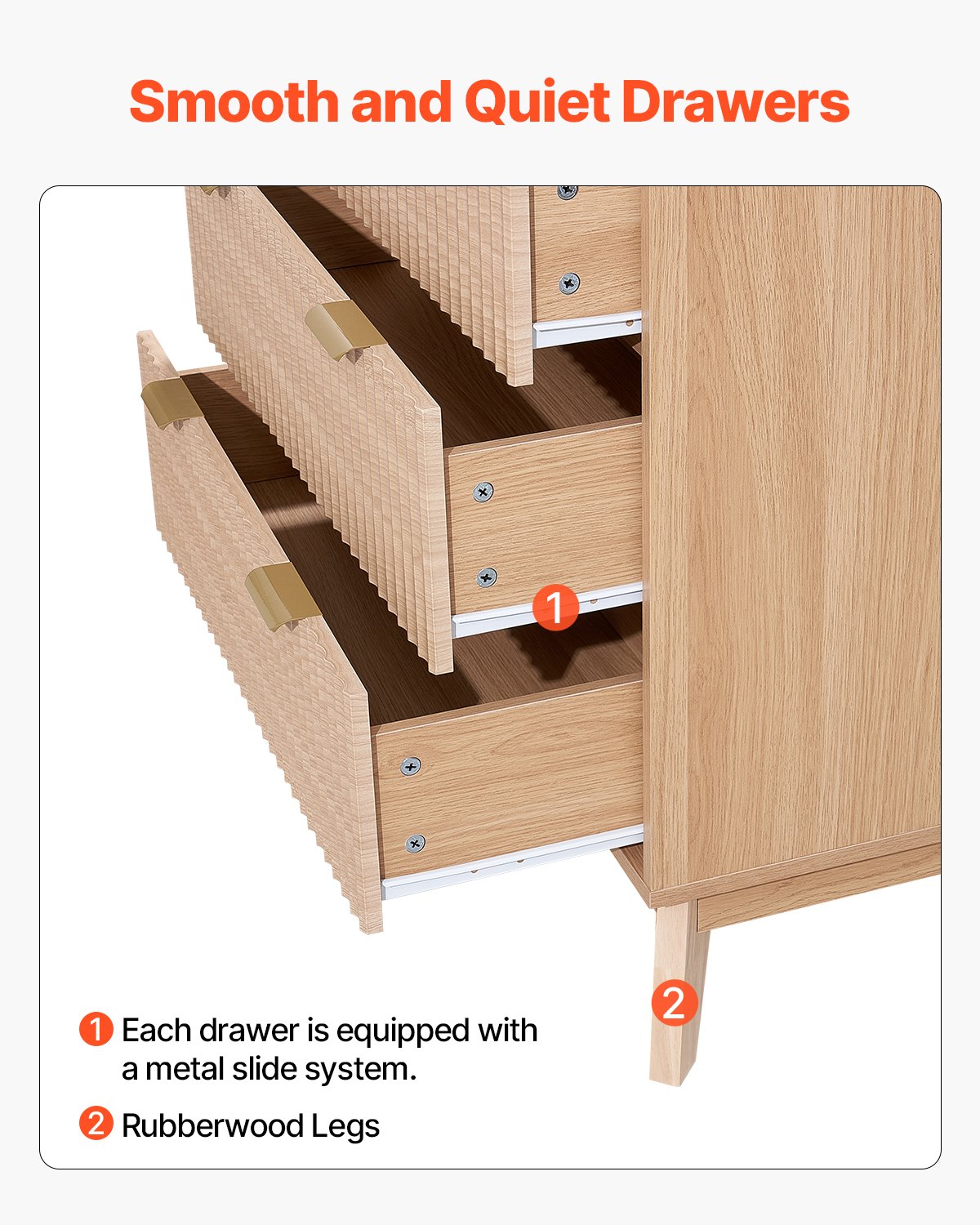 VEVOR Kommode mit 5 geriffelten Schubladen, Holzkommode mit Schiebe- und Kippschutz, moderner minimalistischer Retro-Schubladenschrank Organizer für Wohnzimmer Schlafzimmer Flur (helles Holz)