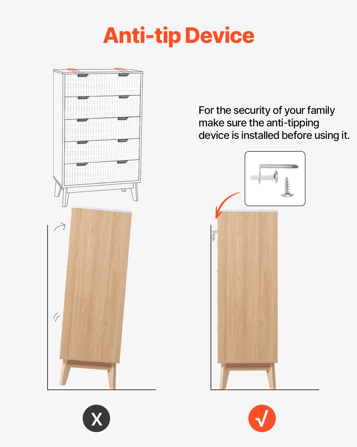 VEVOR Kommode mit 5 geriffelten Schubladen, Holzkommode mit Schiebe- und Kippschutz, moderner minimalistischer Retro-Schubladenschrank Organizer für Wohnzimmer Schlafzimmer Flur (helles Holz)