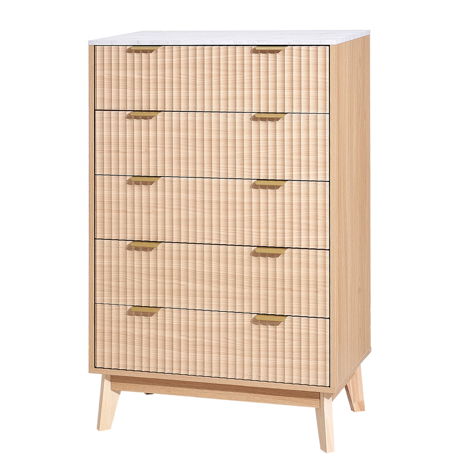 VEVOR Kommode mit 5 geriffelten Schubladen, Holzkommode mit Schiebe- und Kippschutz, moderner minimalistischer Retro-Schubladenschrank Organizer für Wohnzimmer Schlafzimmer Flur (helles Holz)