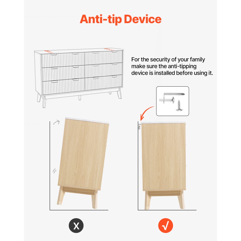 VEVOR Kommode mit 6 geriffelten Schubladen & Schiebe- und Kippschutz, minimalistischer moderner Schubladenschrank (399 x 1372 x 813 mm) Organizer für Wohnzimmer Schlafzimmer Flur (helles Holz)