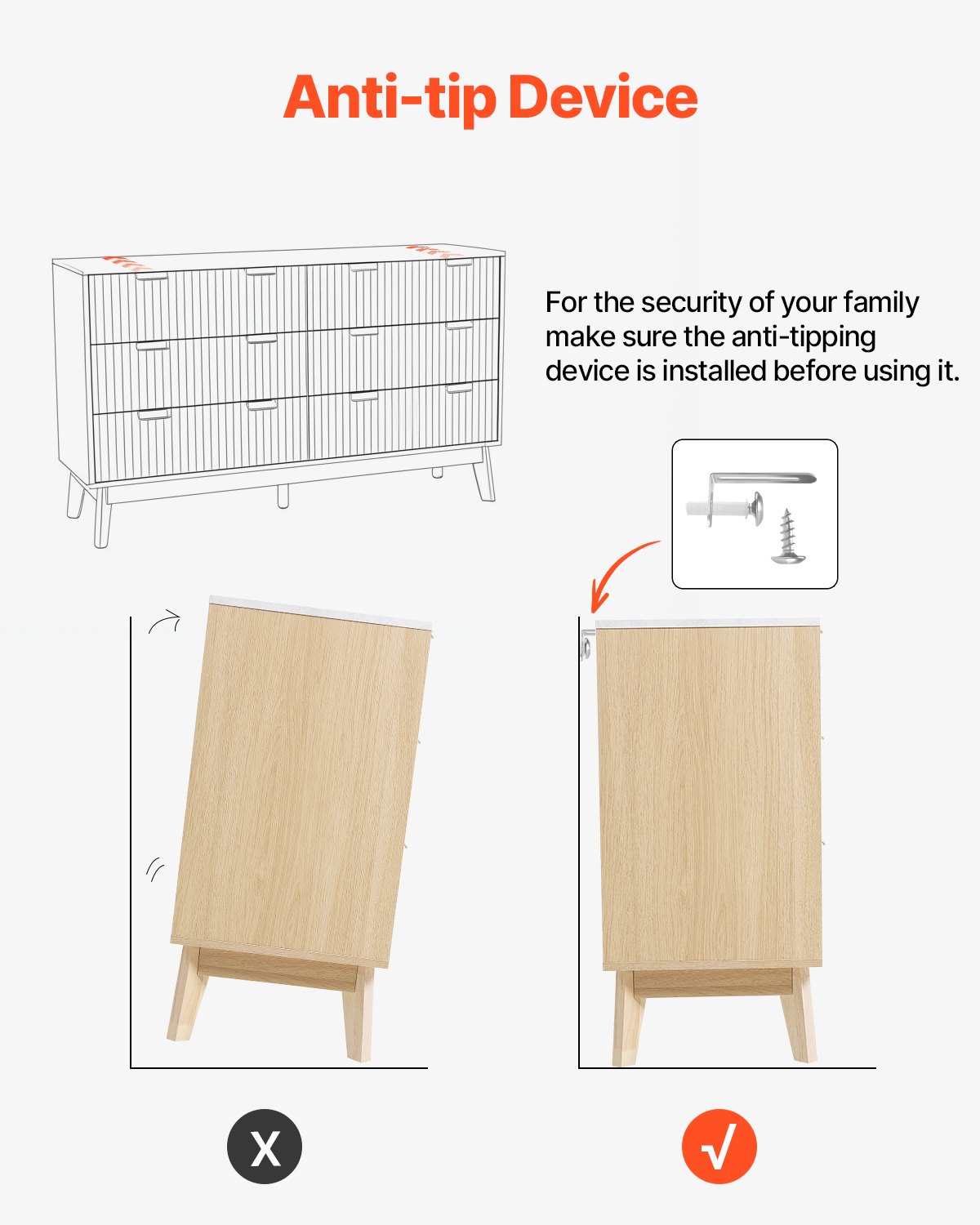 VEVOR Kommode mit 6 geriffelten Schubladen & Schiebe- und Kippschutz, minimalistischer moderner Schubladenschrank (399 x 1372 x 813 mm) Organizer für Wohnzimmer Schlafzimmer Flur (helles Holz)
