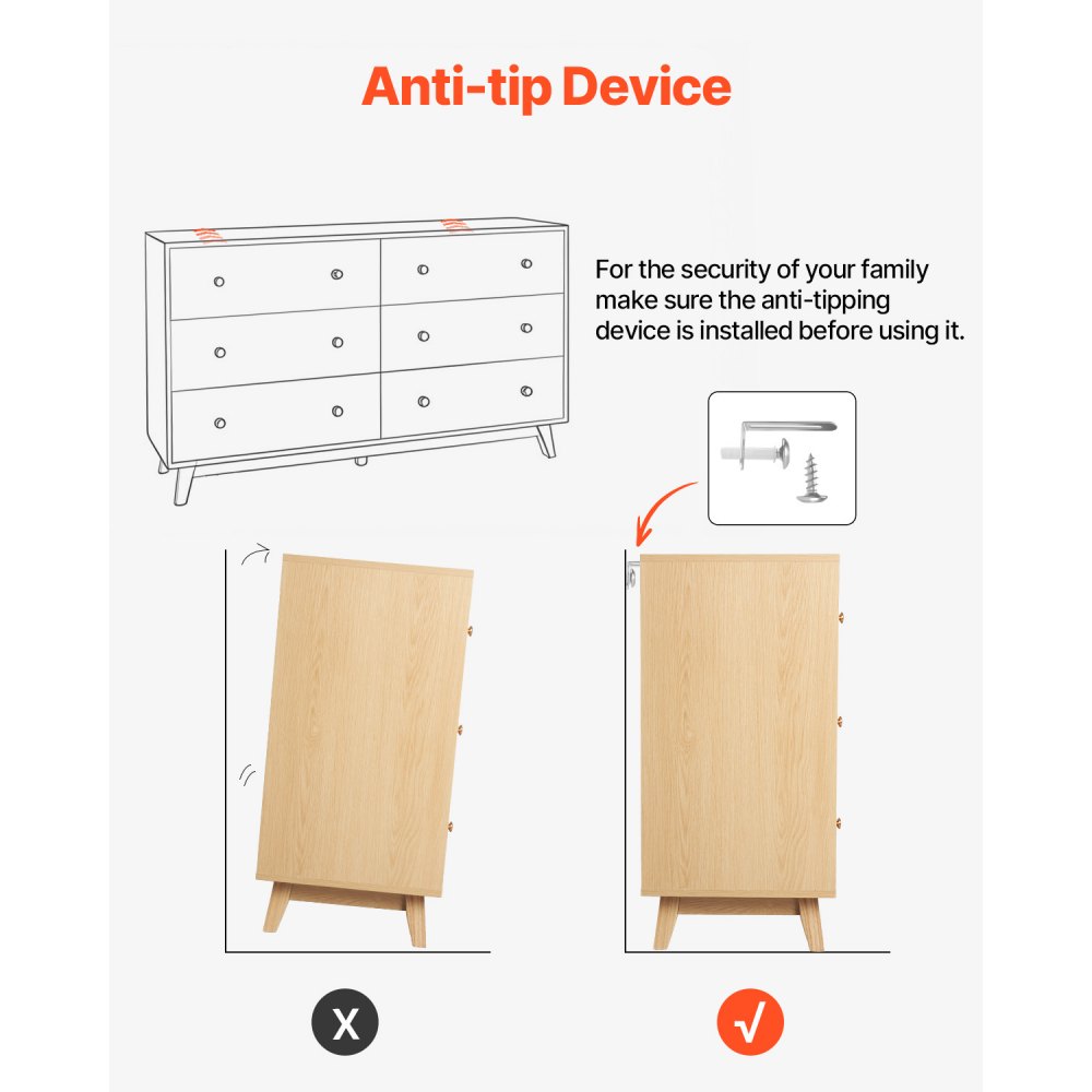 VEVOR Kommode mit 6 Schubladen & Kippschutz, minimalistischer moderner Schubladenschrank (39,9 x 137,2 x 81,3 cm) Organizer Schubladenkommode für Wohnzimmer Schlafzimmer Eingangsbereich (helles Holz)