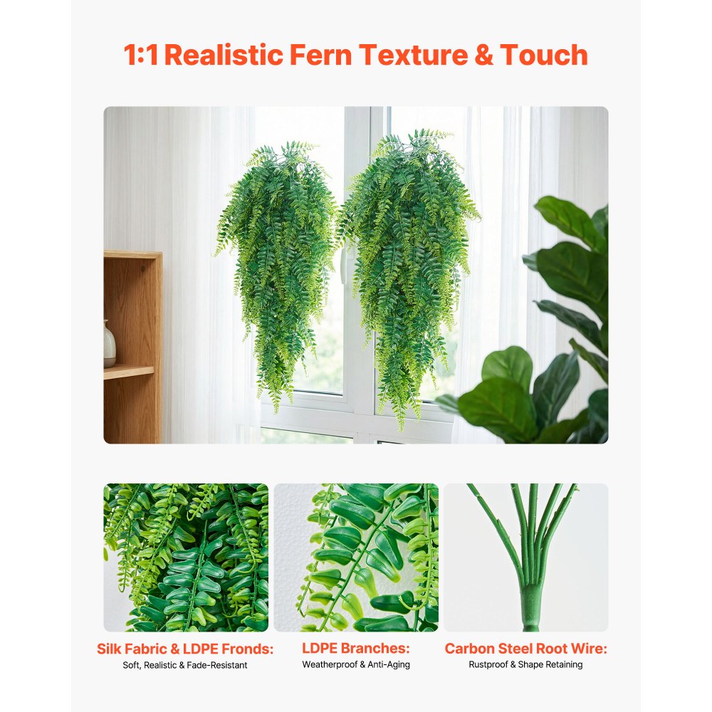 VEVOR 12 Stk. Künstliche Farne Hängend, Künstliche Pflanzen mit 79cm Aufhängelänge aus Kunst- & Seidenstoff, UV-beständige Artifizielle Boston Farne für Haus Garten Büro Dekoration, ohne Blumentopf