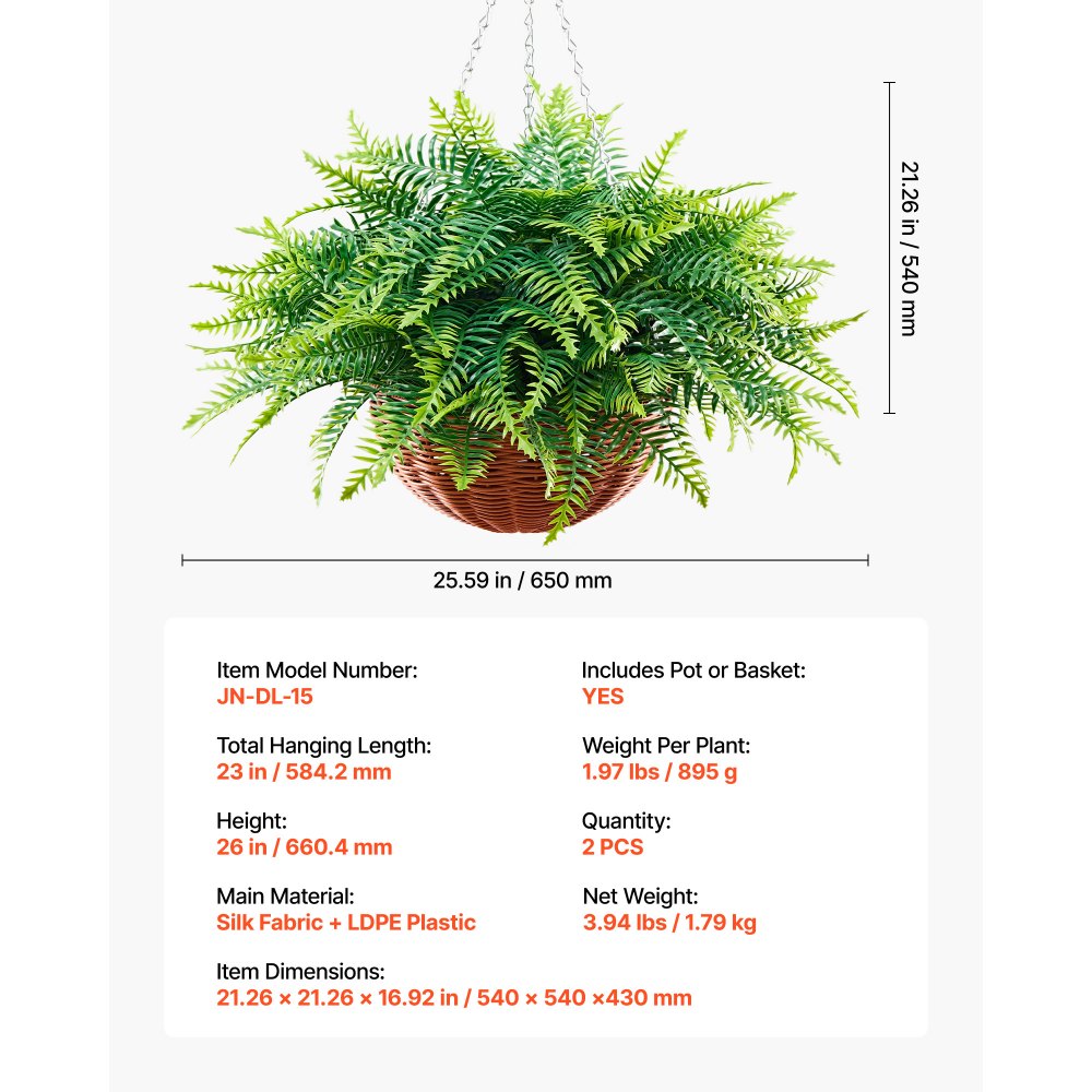 VEVOR Artificial Ferns, 2 Pcs Fake Hanging Boston Fern Bush Plant with 584 mm Hanging Length, Plastic Faux Greenery for Indoor and Outdoor Decor, For Wall, Wedding Party, Home, Porch Garden, Office