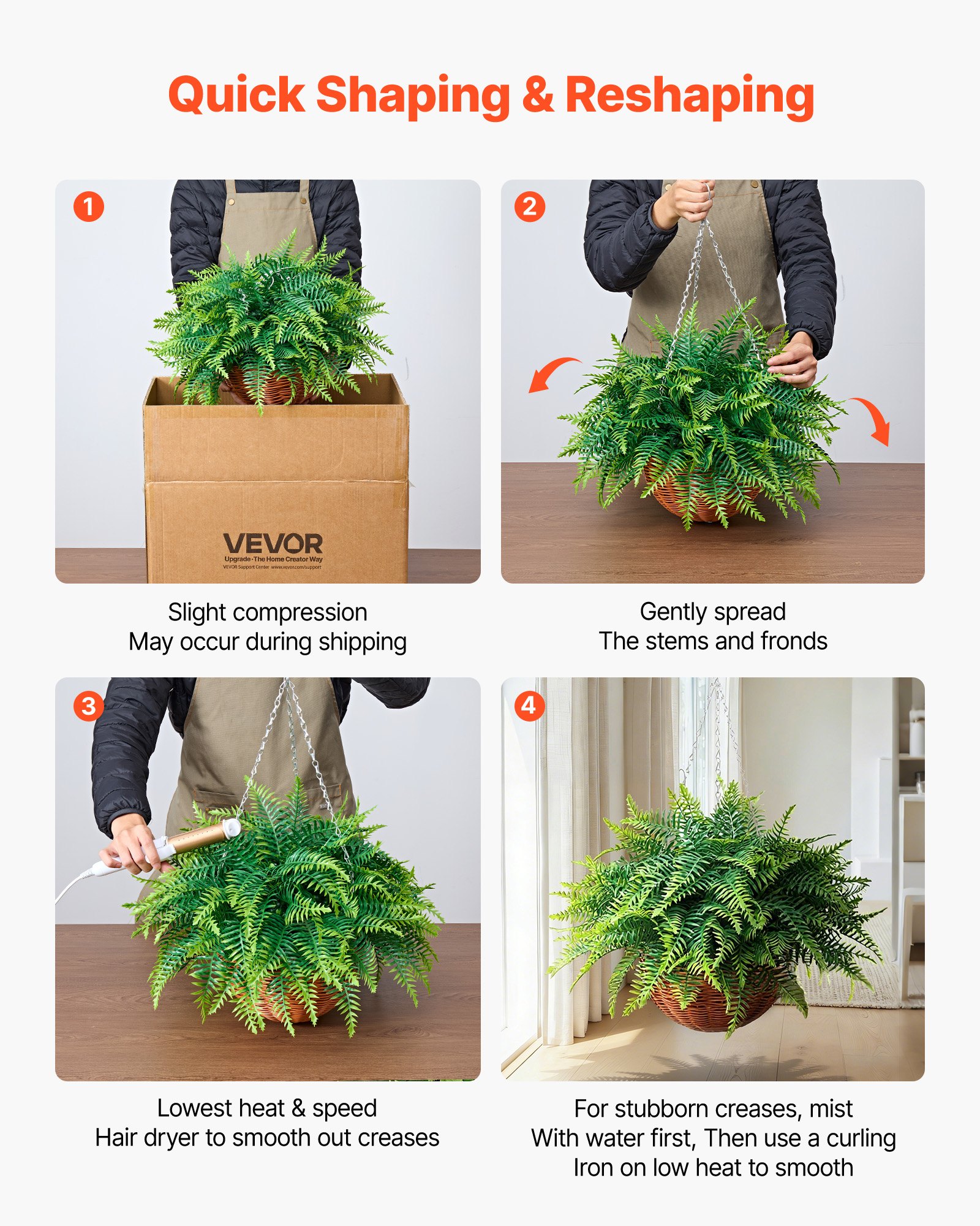 VEVOR Artificial Ferns, 2 Pcs Fake Hanging Boston Fern Bush Plant with 584 mm Hanging Length, Plastic Faux Greenery for Indoor and Outdoor Decor, For Wall, Wedding Party, Home, Porch Garden, Office