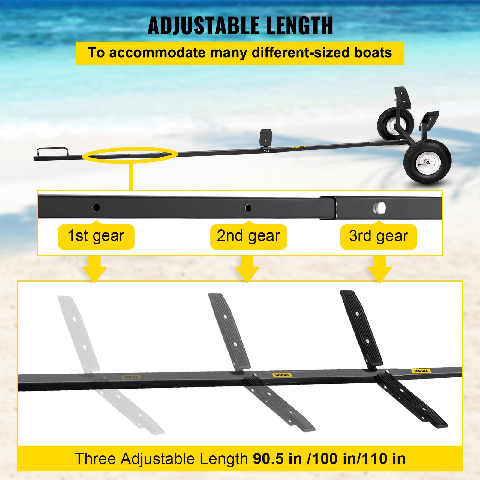 VEVOR Rangierhilfe für PKW Anhänger, Mover Rangierhilfe Anhänger bis 163 kg belastbar 230-255-280 cm einstellbare Länge 295x108x47 cm Größe, auf Höfen, Carports, Einfahrten, Wohnwagenparks