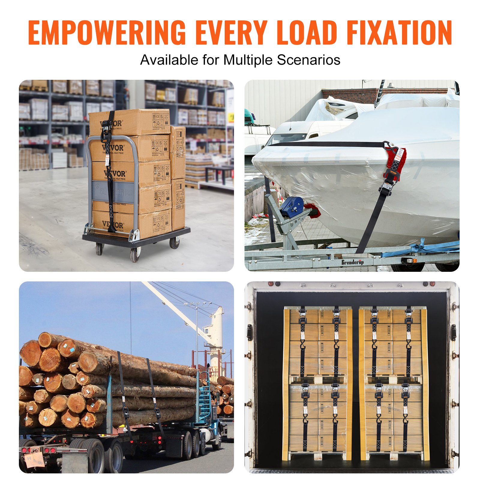 VEVOR 4-pack ratchet straps 0.04 x 2.4 m, 2362 kg capacity, polyester webbing with carbon steel hooks, ideal for motorcycles, bicycles, kayaks, UTVs, boats, and ATVs