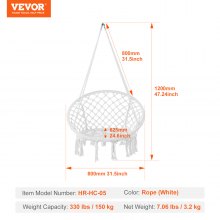 VEVOR Hängesessel Hängestuhl Hängeschaukel Hängesitz 800x625x1200mm 150kg Weiß