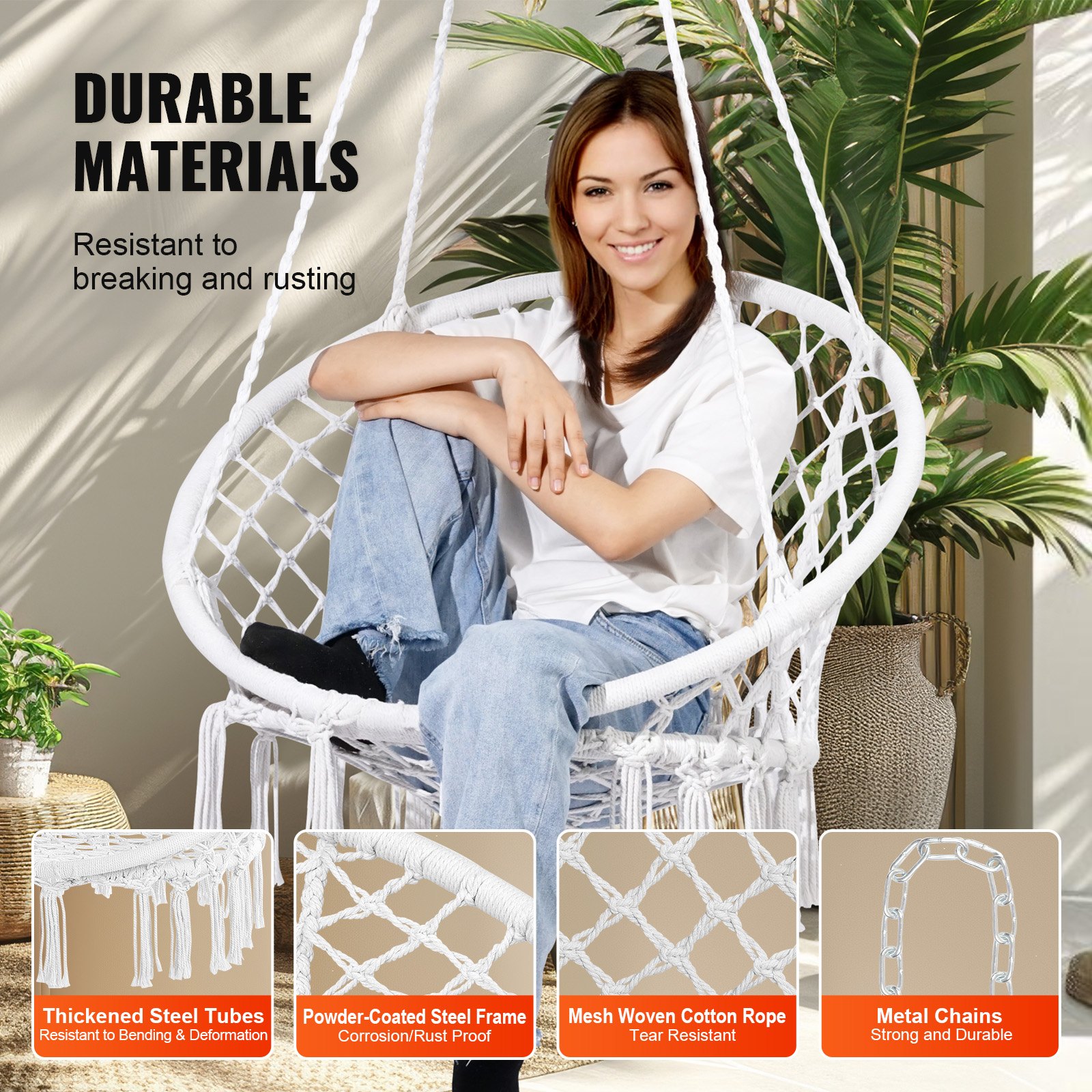 VEVOR Hanging Chair, 150 kg Load Capacity, Macrame Hanging Chair with Mounting Hardware, Cotton Rope Rocking Chair for Bedroom, Balcony, Terrace, Garden, White