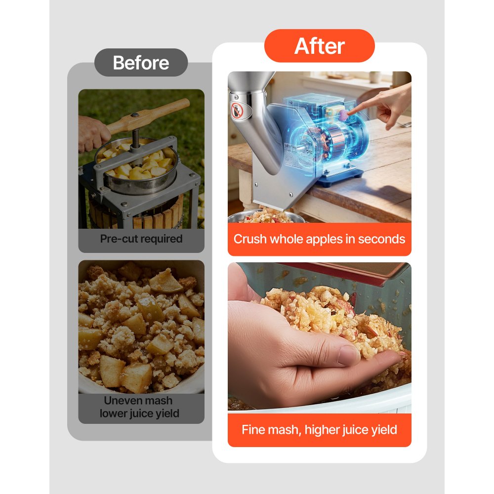 VEVOR 550W Electric Fruit Apple Crusher, SUS304 Desktop Crushing Machine, Grinds Whole Apples Up to 70mm Dia, 60 KG/H Capacity, Cider Press for Apples, Pears, Pineapple, Guava, Carrot, Potato