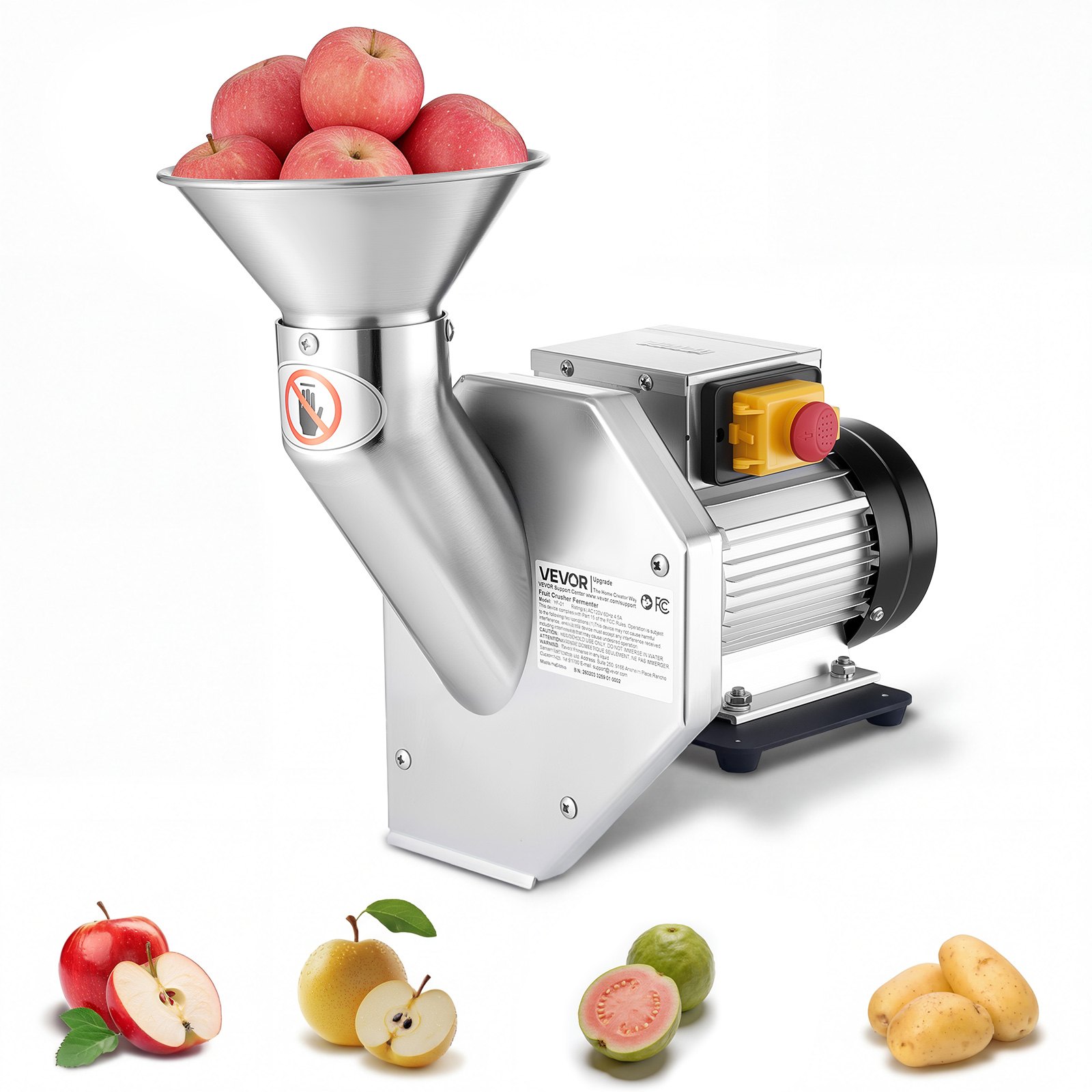 VEVOR 550W Electric Fruit Apple Crusher, SUS304 Desktop Crushing Machine, Grinds Whole Apples Up to 70mm Dia, 60 KG/H Capacity, Cider Press for Apples, Pears, Pineapple, Guava, Carrot, Potato