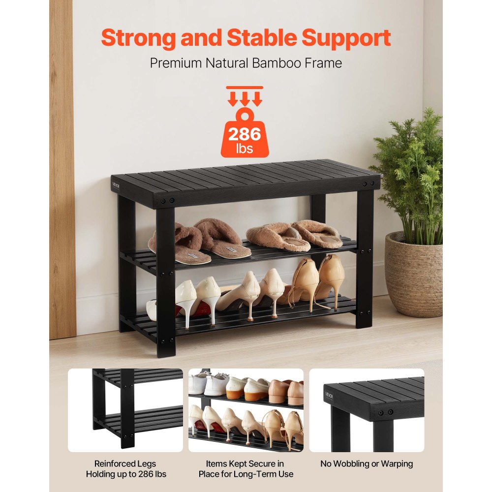 VEVOR Schuhregalbank Schuhbank (703 x 288 x 451 mm), Eingangsbereichsbank aus Bambus, 3-stufiges Schuhregal (130 kg belastbar), für Haustür Flur Wohnzimmer Schlafzimmer Schwarz