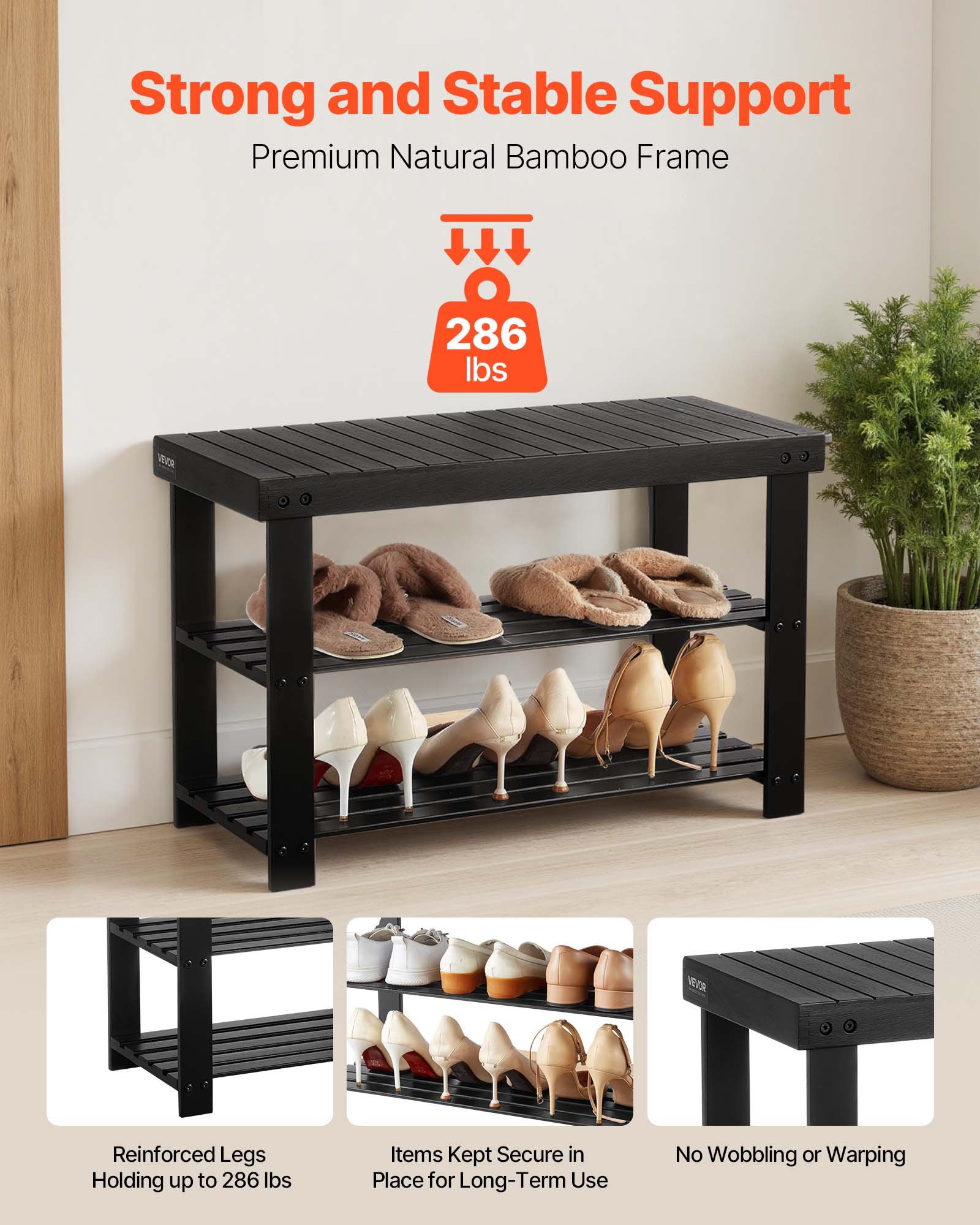 VEVOR Schuhregalbank Schuhbank (703 x 288 x 451 mm), Eingangsbereichsbank aus Bambus, 3-stufiges Schuhregal (130 kg belastbar), für Haustür Flur Wohnzimmer Schlafzimmer Schwarz