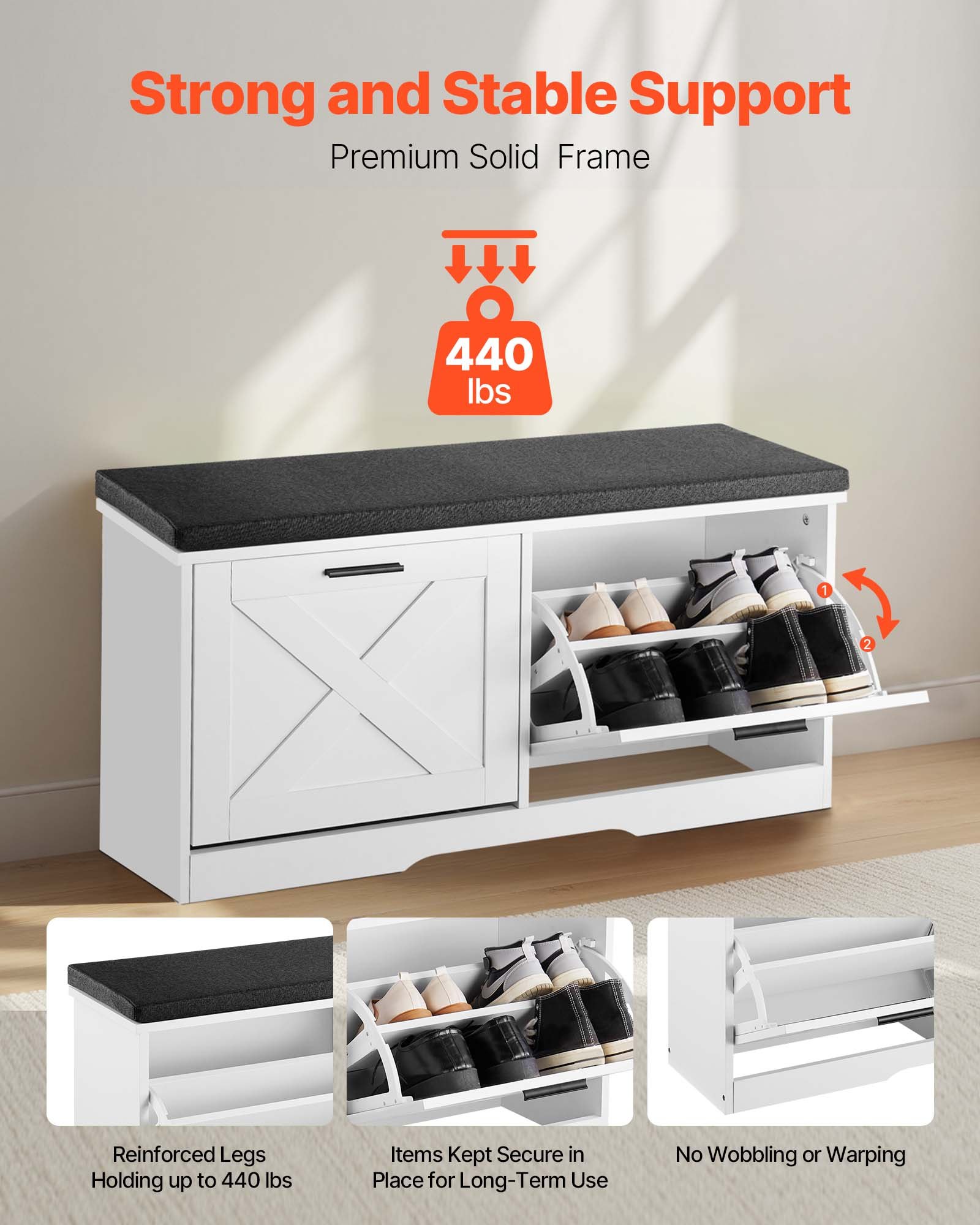 VEVOR Schuhregalbank Schuhbank (1000 x 305 x 475 mm), Eingangsbank mit Klappschubladen & Kissen & Türen, Schuhregal (200 kg belastbar), für Haustür Flur Wohnzimmer Schlafzimmer Schwarz Weiß