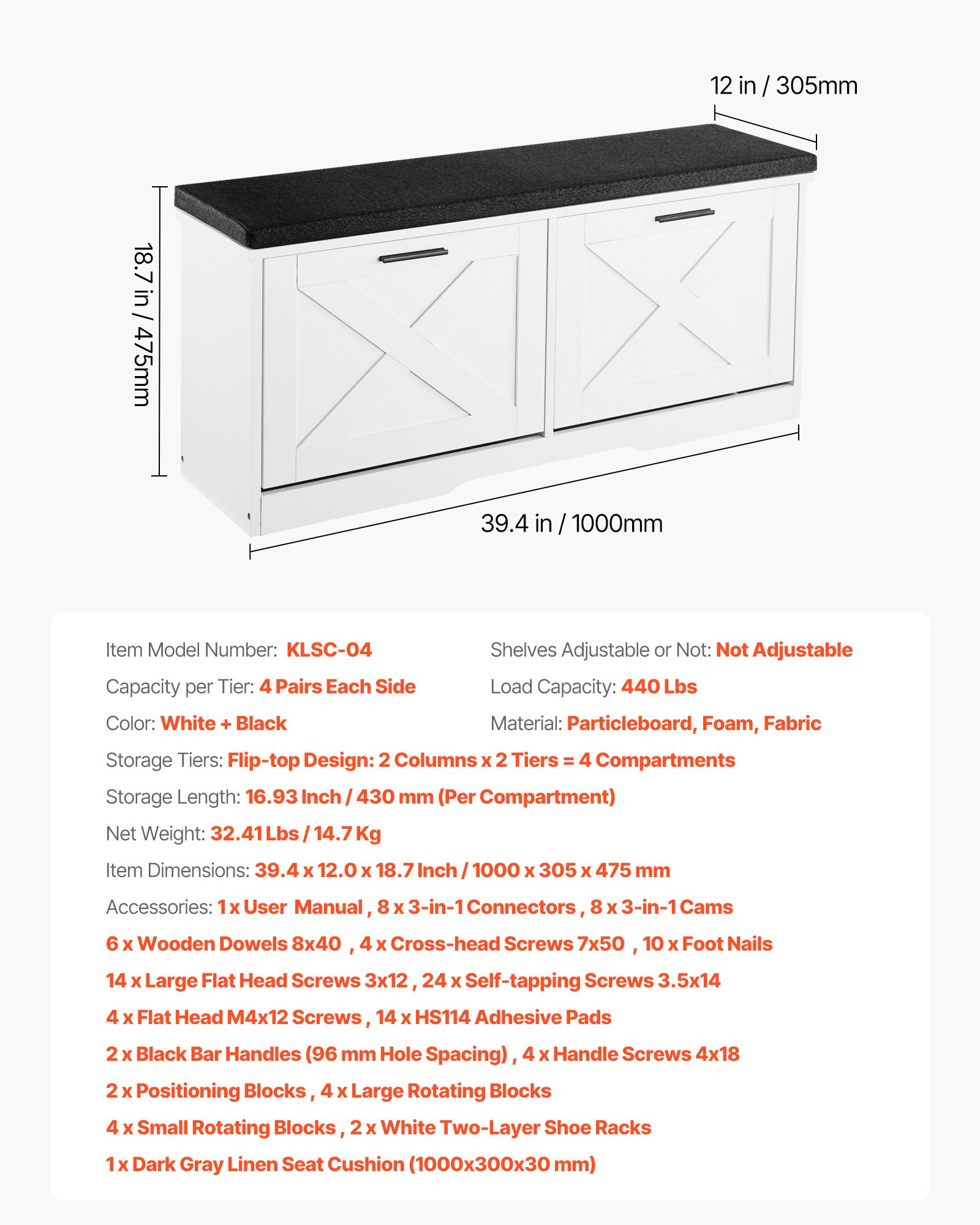 VEVOR Entryway Shoe Storage Bench, 1000 x 305 x 475 mm Shoe Organizer with Flip Drawers, 440lbs Narrow Shoes Rack Bench with Cushion & Flip Doors, for Hallway, Living Room, Bedroom, Black + White