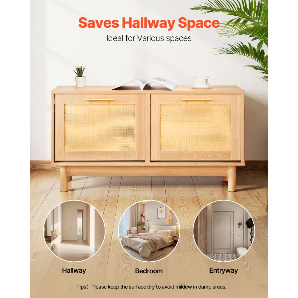 VEVOR Schuhregalbank Schuhbank (100 x 30 x 53 cm), Rattan-ähnliche Eingangsbank mit 2 Klappschubladen, Schuhregal mit 4 Fächern & 2 Rattantüren (136 kg belastbar), für Flur Wohnzimmer Schlafzimmer