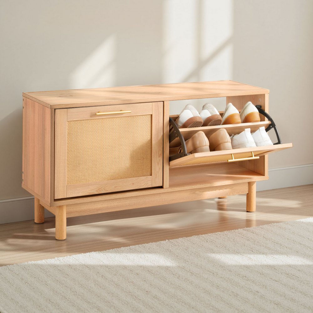 VEVOR Schuhregalbank Schuhbank (100 x 30 x 53 cm), Rattan-ähnliche Eingangsbank mit 2 Klappschubladen, Schuhregal mit 4 Fächern & 2 Rattantüren (136 kg belastbar), für Flur Wohnzimmer Schlafzimmer