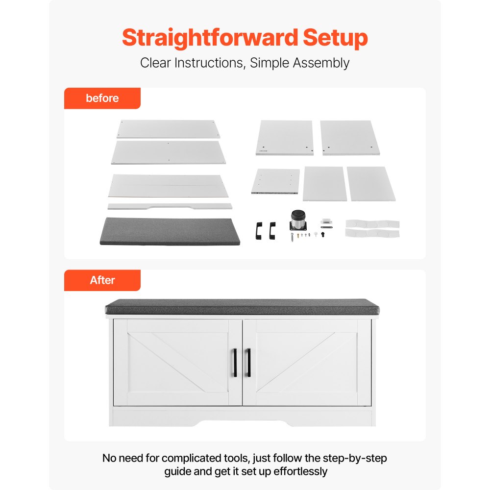 VEVOR Schuhregalbank Schuhbank (1000 x 355 x 460 mm), Eingangsbank mit gepolstertem Sitzkissen & 2 Scheunentüren, Schuhregal (136 kg belastbar), für Flur Wohnzimmer Schlafzimmer Schwarz Weiß