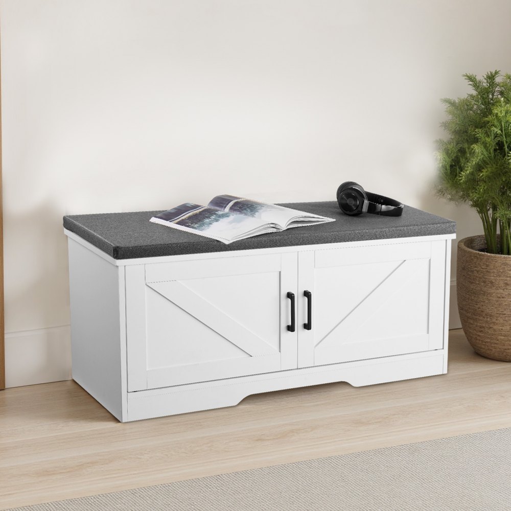 VEVOR Schuhregalbank Schuhbank (1000 x 355 x 460 mm), Eingangsbank mit gepolstertem Sitzkissen & 2 Scheunentüren, Schuhregal (136 kg belastbar), für Flur Wohnzimmer Schlafzimmer Schwarz Weiß