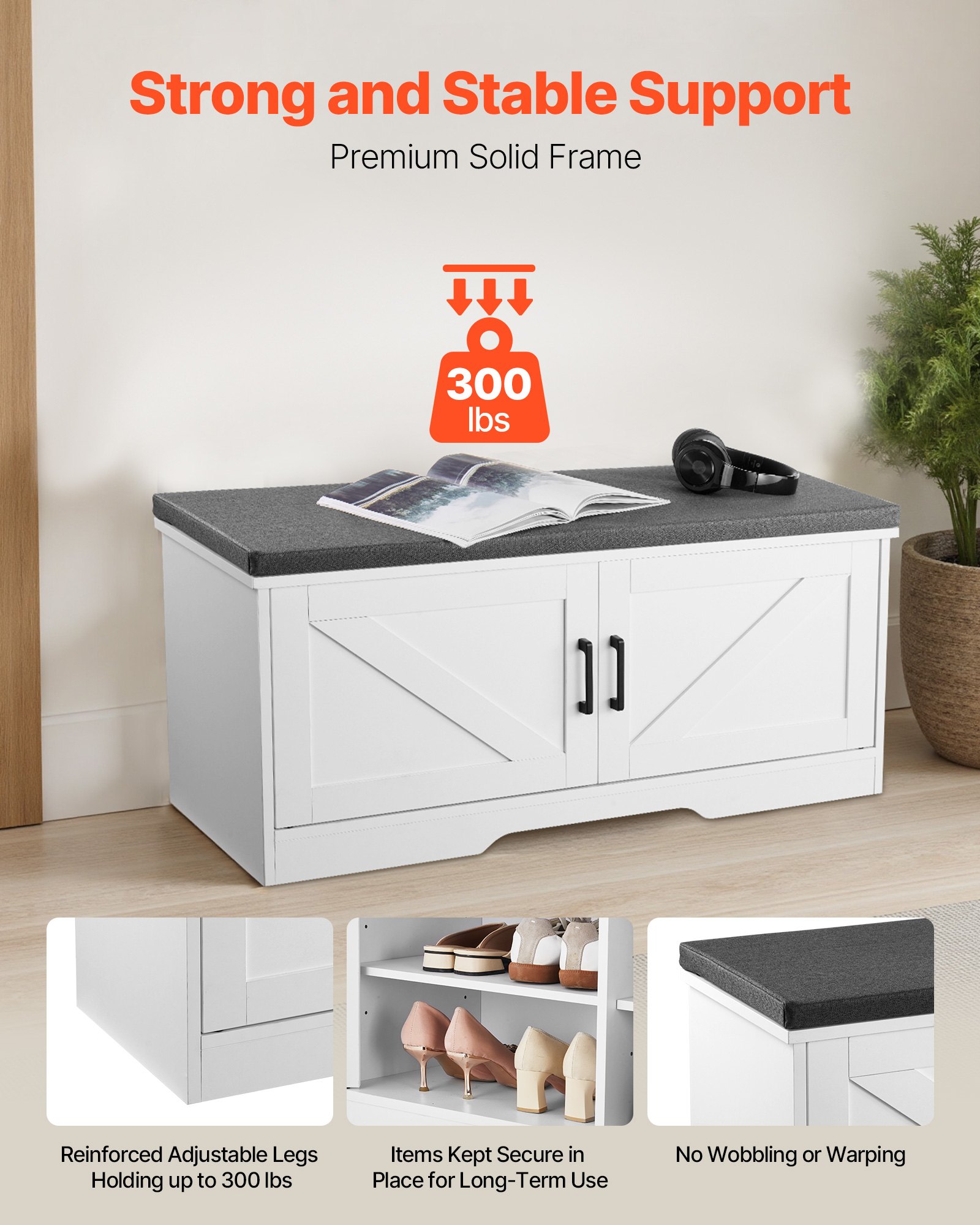 VEVOR Schuhregalbank Schuhbank (1000 x 355 x 460 mm), Eingangsbank mit gepolstertem Sitzkissen & 2 Scheunentüren, Schuhregal (136 kg belastbar), für Flur Wohnzimmer Schlafzimmer Schwarz Weiß