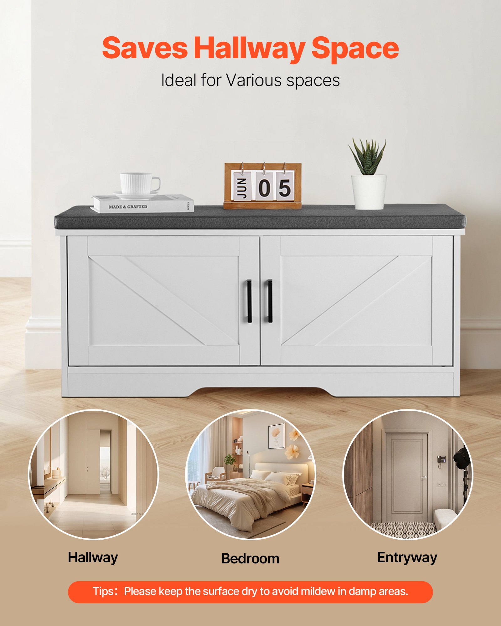 VEVOR Schuhregalbank Schuhbank (1000 x 355 x 460 mm), Eingangsbank mit gepolstertem Sitzkissen & 2 Scheunentüren, Schuhregal (136 kg belastbar), für Flur Wohnzimmer Schlafzimmer Schwarz Weiß