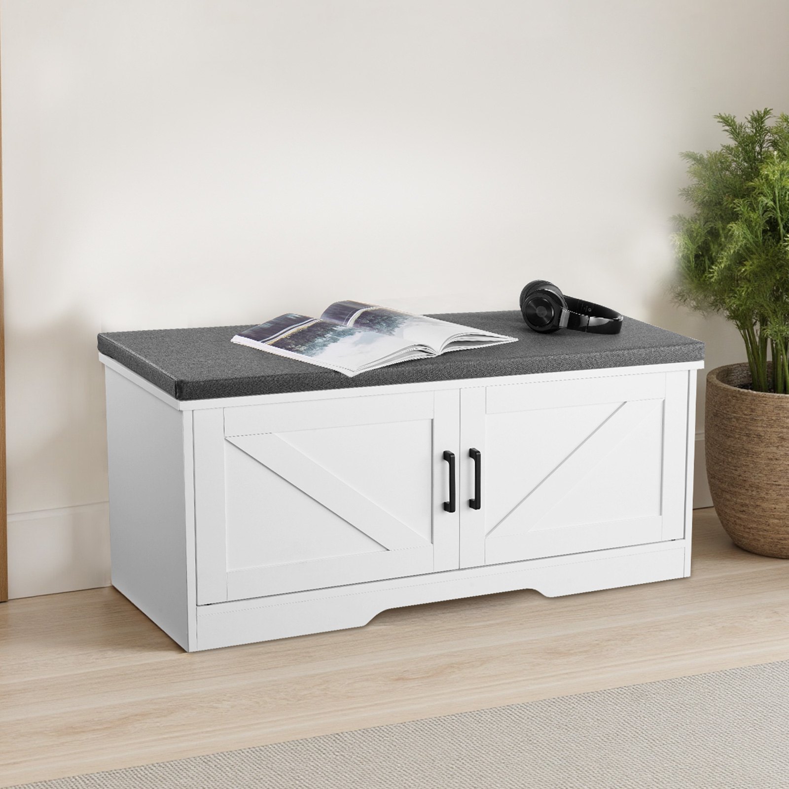 VEVOR Schuhregalbank Schuhbank (1000 x 355 x 460 mm), Eingangsbank mit gepolstertem Sitzkissen & 2 Scheunentüren, Schuhregal (136 kg belastbar), für Flur Wohnzimmer Schlafzimmer Schwarz Weiß