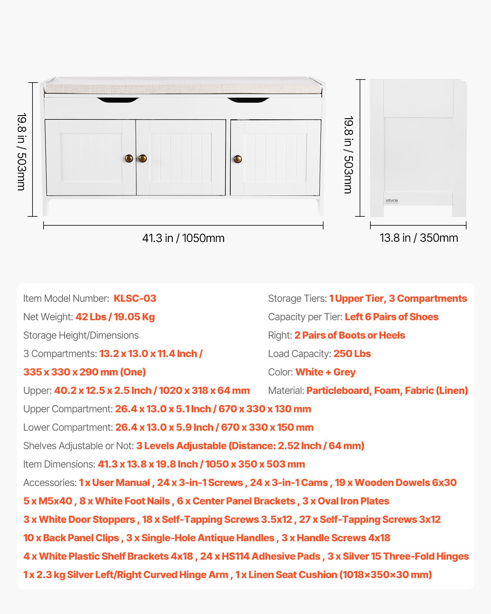 VEVOR Schuhregalbank Schuhbank (1050 x 350 x 503 mm), Eingangssbank anhebbarem Stauraum & Sitzkissen & 3 Fächern, Schuhregal (113,4 kg belastbar), für Haustür Flur Wohnzimmer Schlafzimmer Schwarz