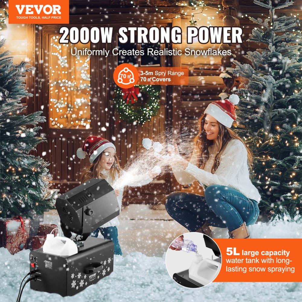 VEVOR Schneemaschine, 2000 W, Swing-Schneemaschine mit 5-L-Tank, kabelgebundene & kabellose Fernbedienung zur Schneeflockenherstellung, Kunstschneemaschine für Weihnachtsfeiern, Hochzeitsbühneneffekte
