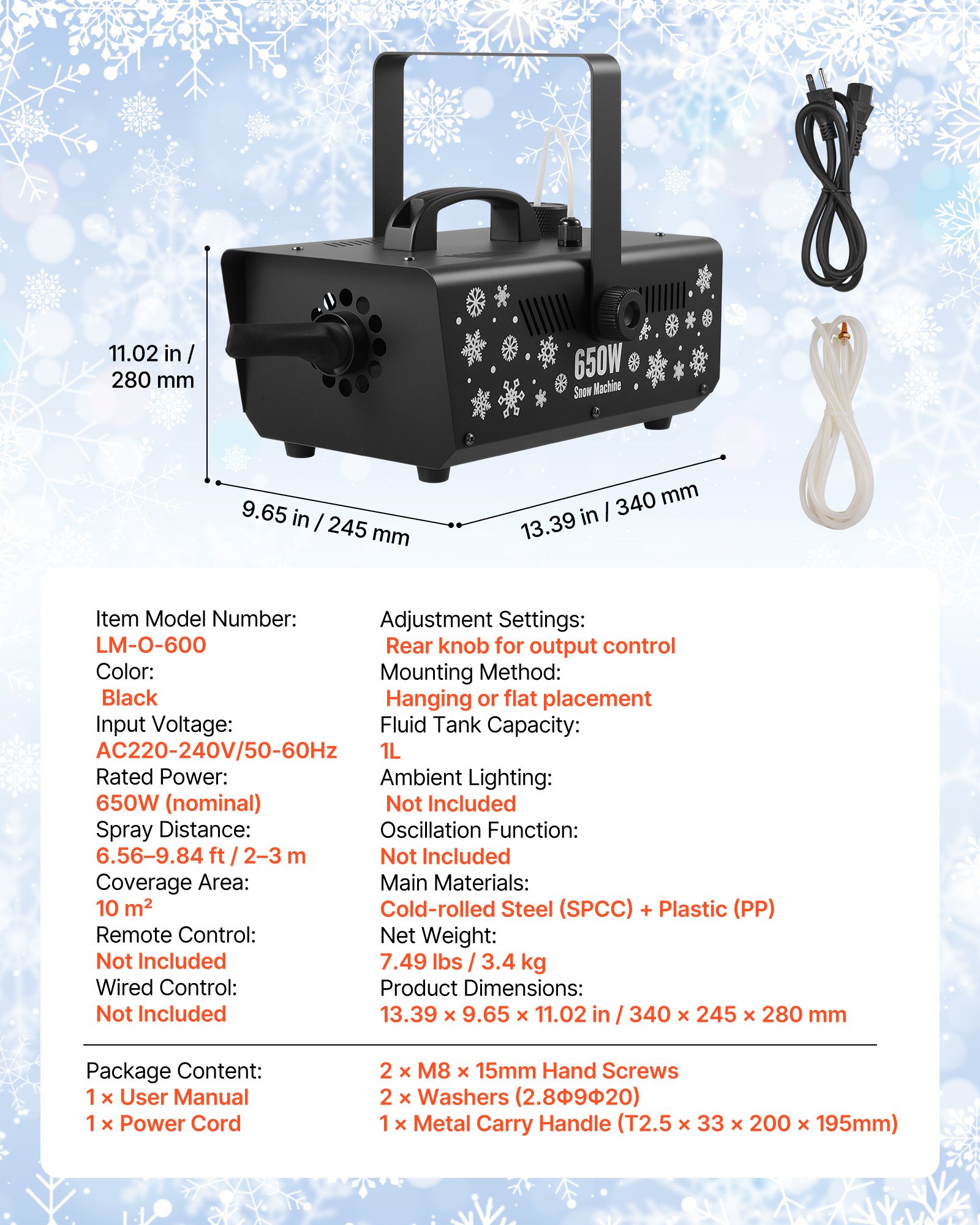 VEVOR Schneemaschine, 650-W-Schneekanone, Kunstschneeerzeuger, Schneeflockenmaschine, Kunstschneeflockenmaschine für den Innen- & Außenbereich für Feiertage, DJ-Partys, Weihnachtsdekoration
