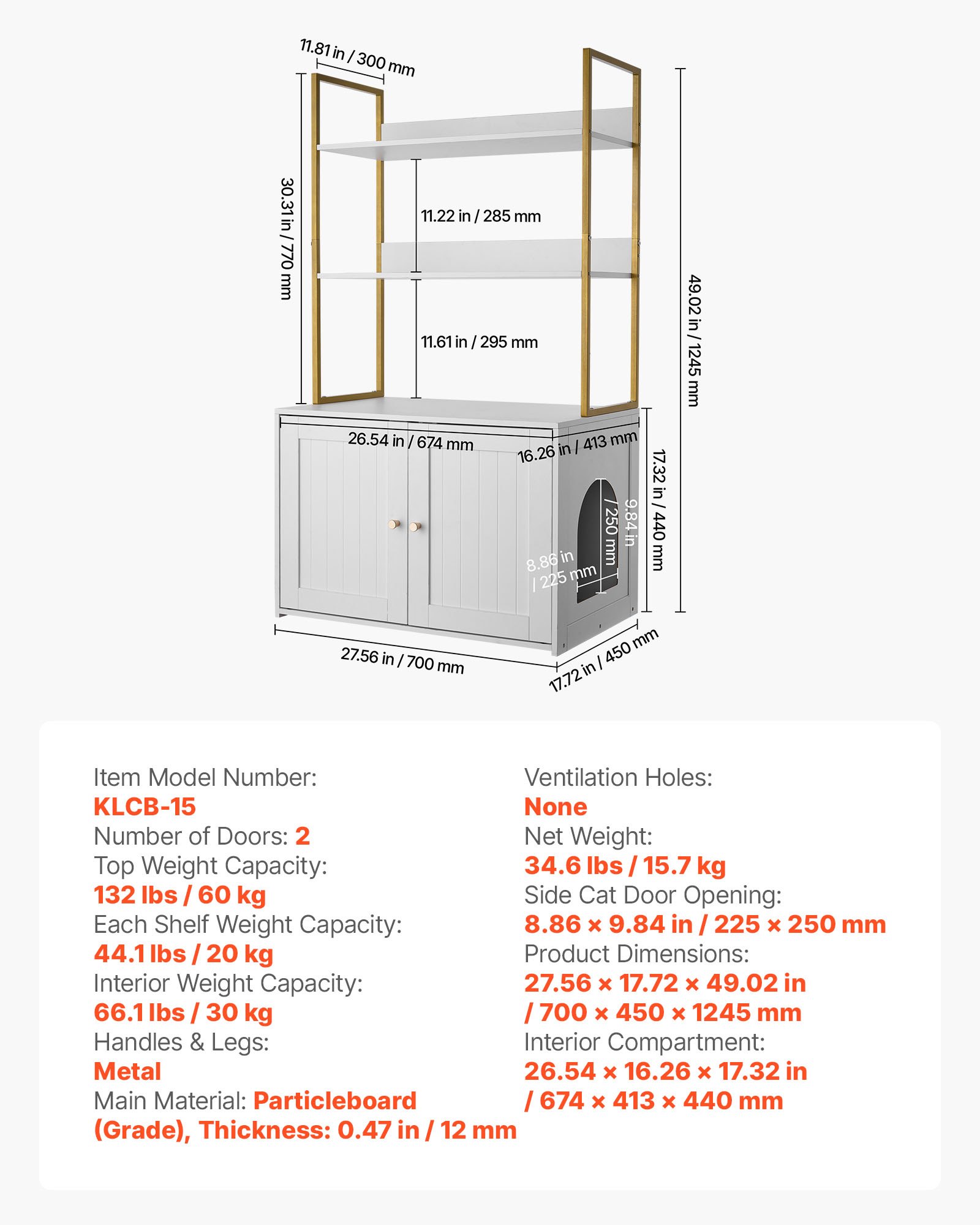 VEVOR Katzenschrank, 700x450x1245 mm, Katzentoilette mit Metallbeinen & 2-stöckigen Lagerregalen, Katzenklo Schrank, Katzenhaus, passend für die meisten Katzentoiletten, für das Wohnzimmer