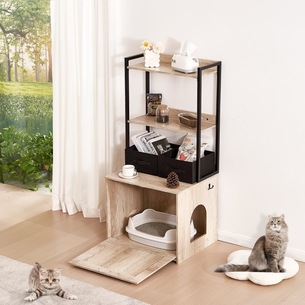 VEVOR Katzentoilettengehäuse, verstecktes Katzentoilettenmöbel mit 2 Ablageflächen und 2 Körben, Katzentoilette aus Holz für den Innenbereich, Katzenhausschrank passend für die meisten Katzentoiletten, 59,9 cm L x 40,1 cm B x 127 cm H, Natur