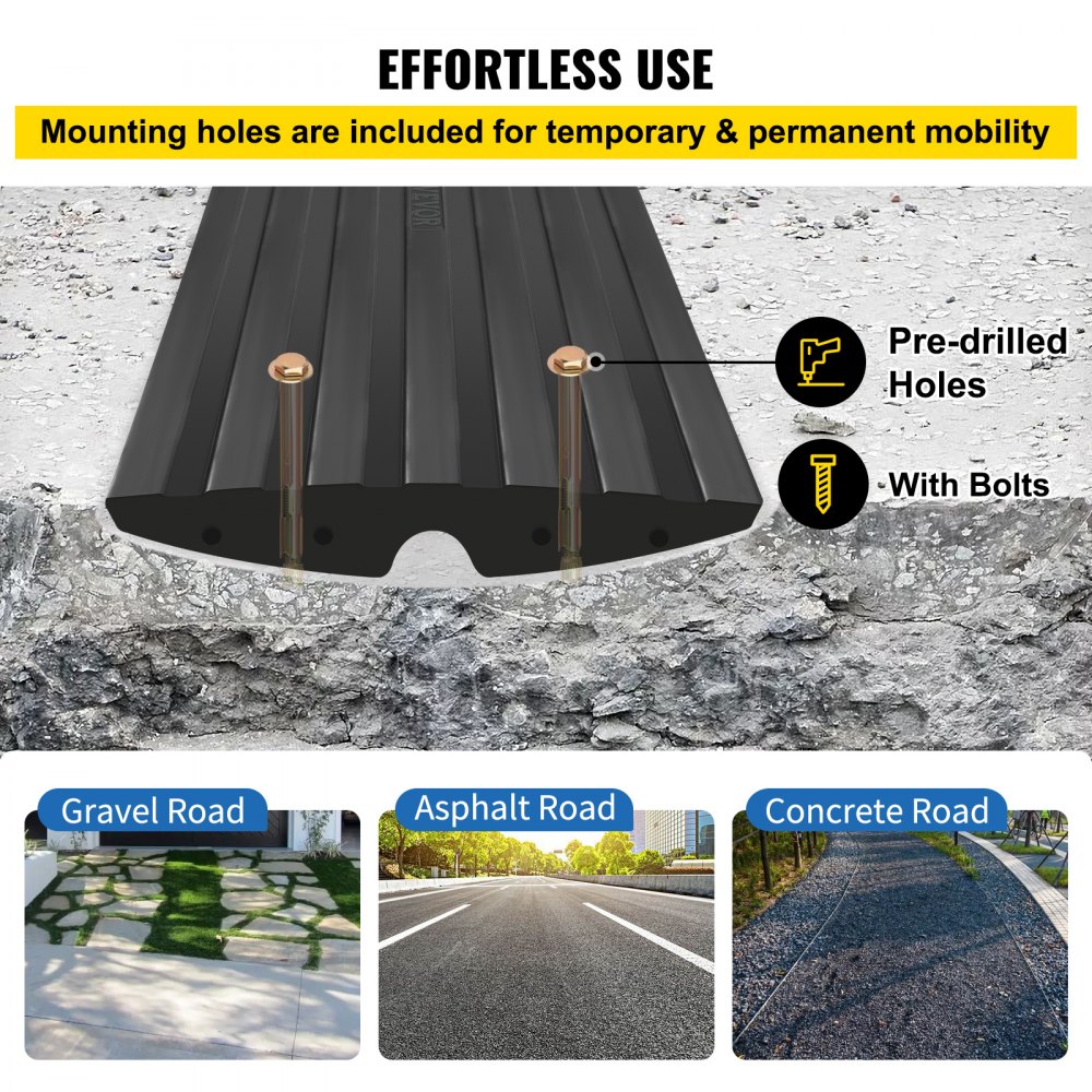 VEVOR Gummi-Treppenrampe 2PCS mit 1 Kabelkanal 6,5x3,5 cm Maximale Belastung 10 Tonnen Geschwindigkeitskontrolle für Ladegasse Garage Auto LKW Scooter 123x41x6,5 cm