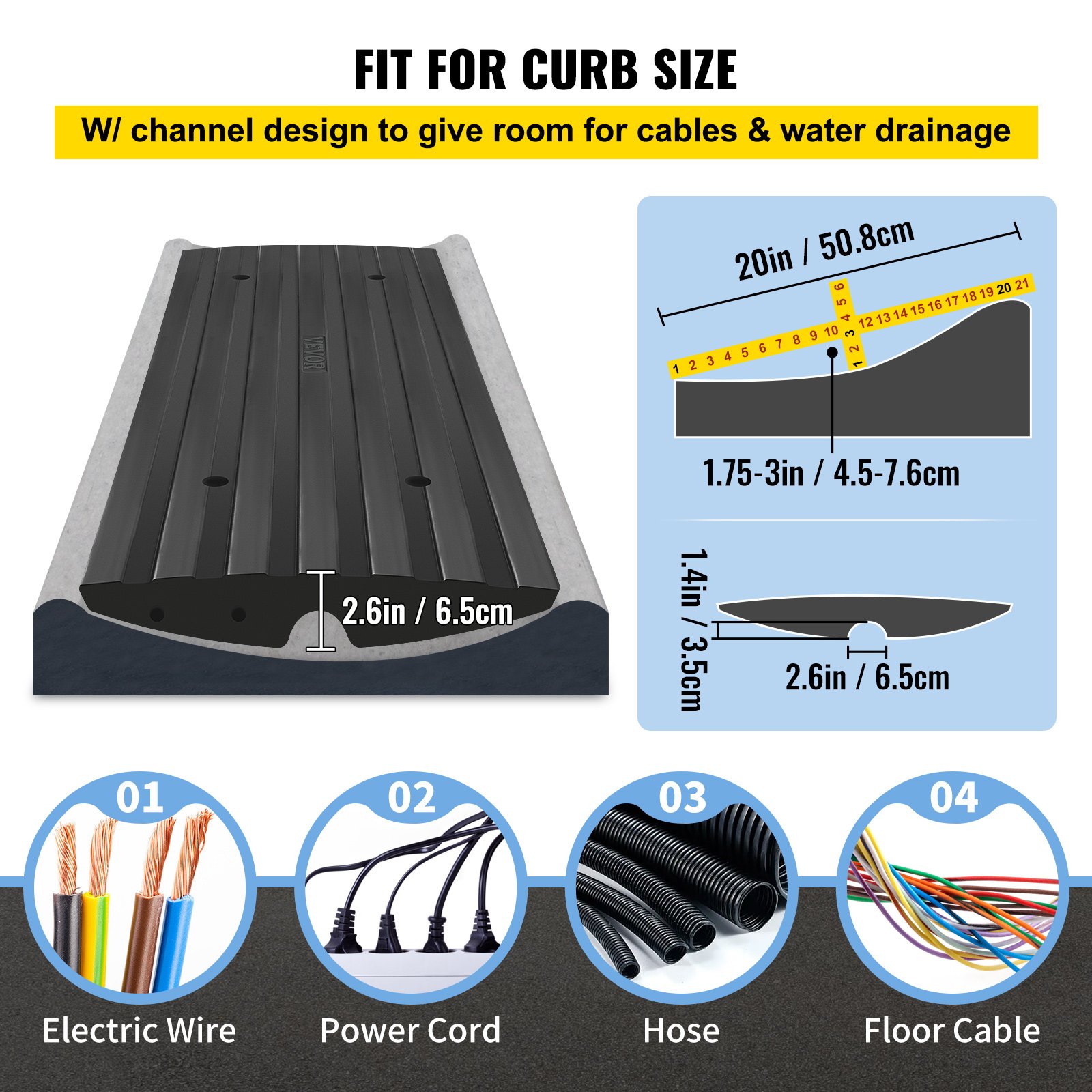 VEVOR Gummi-Treppenrampe 2PCS mit 1 Kabelkanal 6,5x3,5 cm Maximale Belastung 10 Tonnen Geschwindigkeitskontrolle für Ladegasse Garage Auto LKW Scooter 123x41x6,5 cm