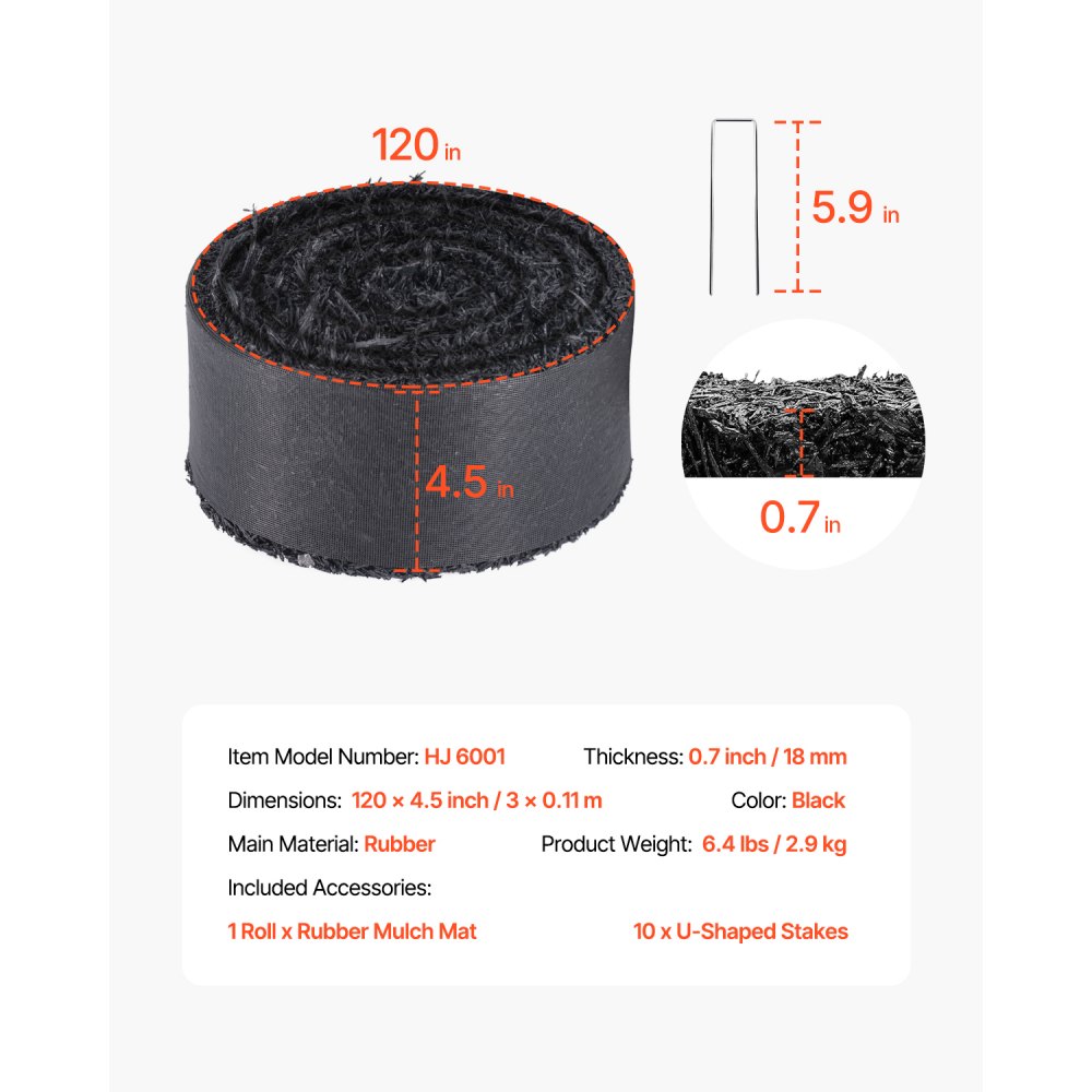 VEVOR Gummimulchrolle 18 mm, Gummimulchmatte 3 x 0,11 m, permanenter Gummiweg, schwarze Mulch-Gartenbegrenzung, Unkrautmatte, Unkrautvlies für Pflanzen, Gemüse & Blumen, Gartenbarriere