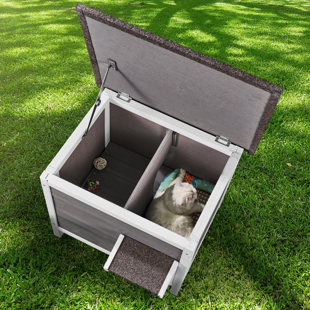 VEVOR Katzenhaus für draußen, wetterfest, Unterschlupf für Wildkatzen für mehrere Katzen, Katzen-/Kaninchenhaus aus Holz für draußen, rundum schaumisoliert, offenes Dach, Türklappen aus PVC, 61 x 50 x 53 cm (L x B x H)
