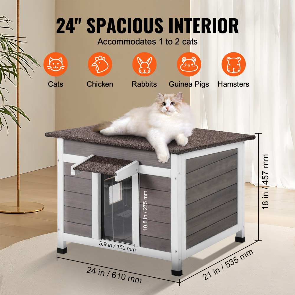 VEVOR Katzenhaus für draußen, wetterfest, Unterschlupf für Wildkatzen für mehrere Katzen, Katzen-/Kaninchenhaus aus Holz für draußen mit Fenster, offenem Dach und Türklappen aus PVC, 61 x 53 x 46 cm (L x B x H)