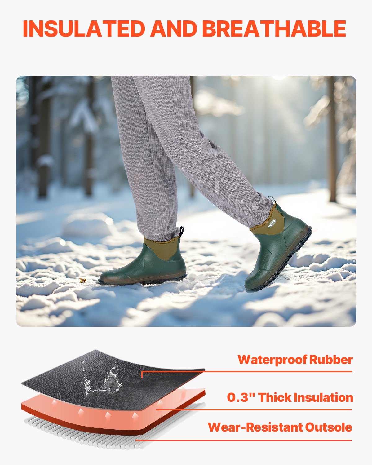 VEVOR Knöchelstiefel, Regenstiefel, rutschfeste Gummistiefel mit Knöchelriemen, Schutzschuhe, isolierte Schlammstiefel, ideal zum Wandern, Angeln, Jagen oder für die Gartenarbeit, Größe 8 US